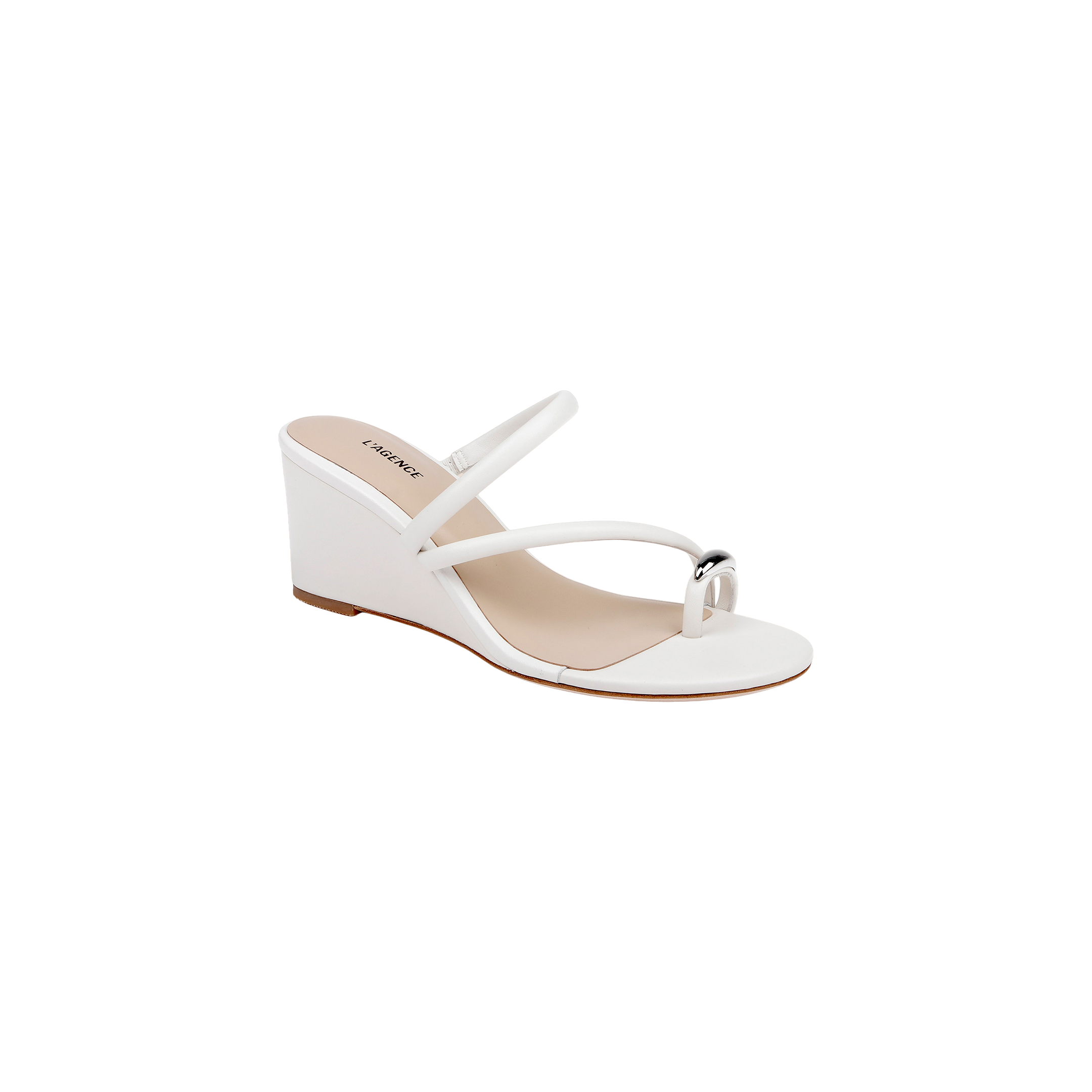 The Maritza Wedge Sandal features an open toe design with slim double straps and a small metallic accent on the front strap. Designed for comfort and stability, it offers a walkable medium-height wedge, a beige sole, and a memory foam insole. Displayed against a plain white background.