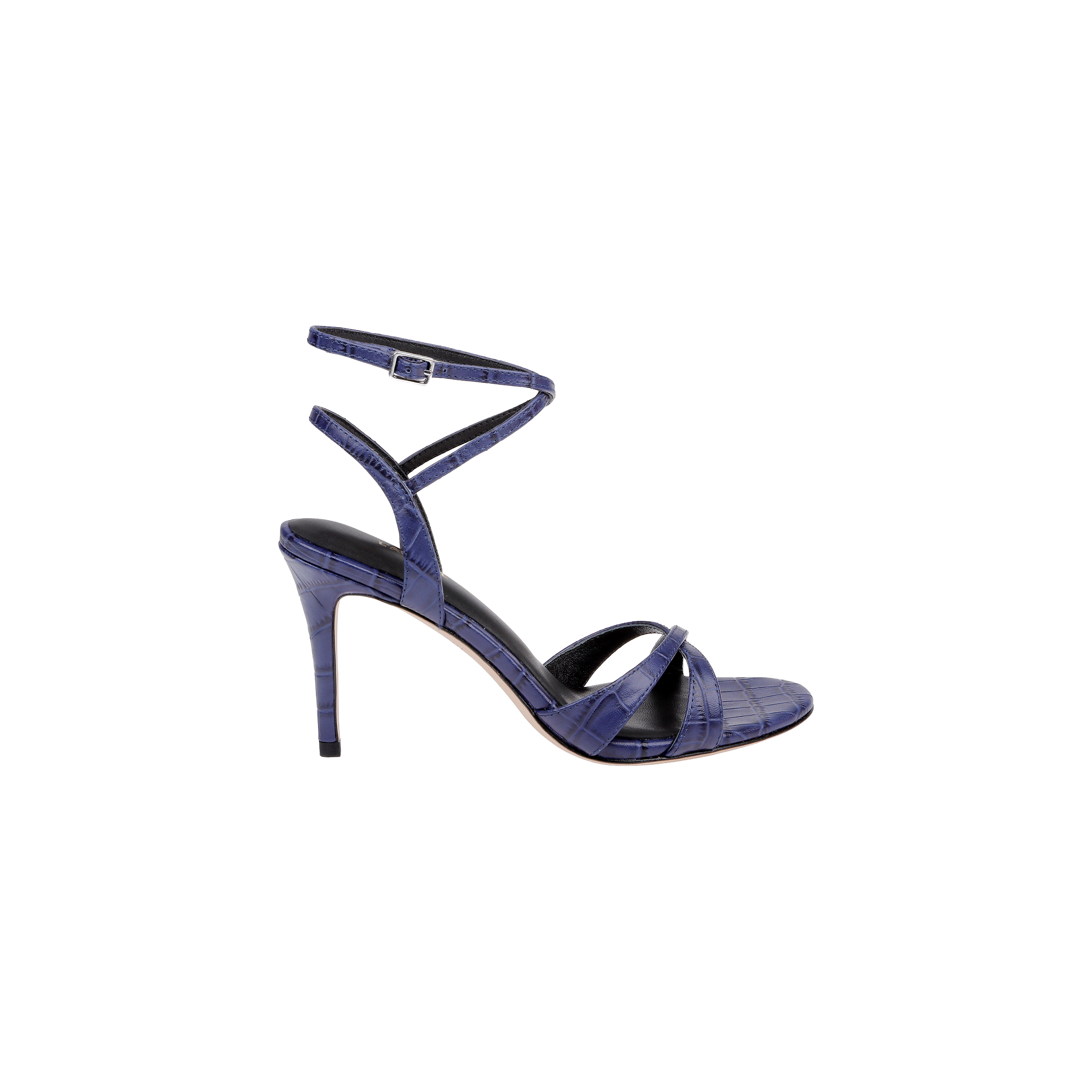 Introducing the Miranda Leather Sandal: a single high-heeled sandal crafted in textured dark purple leather, featuring an ankle-wrap strap with a buckle and two crossing straps over the toes—an elegant choice for pairing with evening gowns.