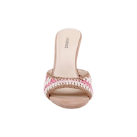 The Moyes Crochet Sandal is an open-toe mule featuring a woven pink, white, and tan strap, a beige sole, and LAGENCE printed on the insole—perfect for summer style.