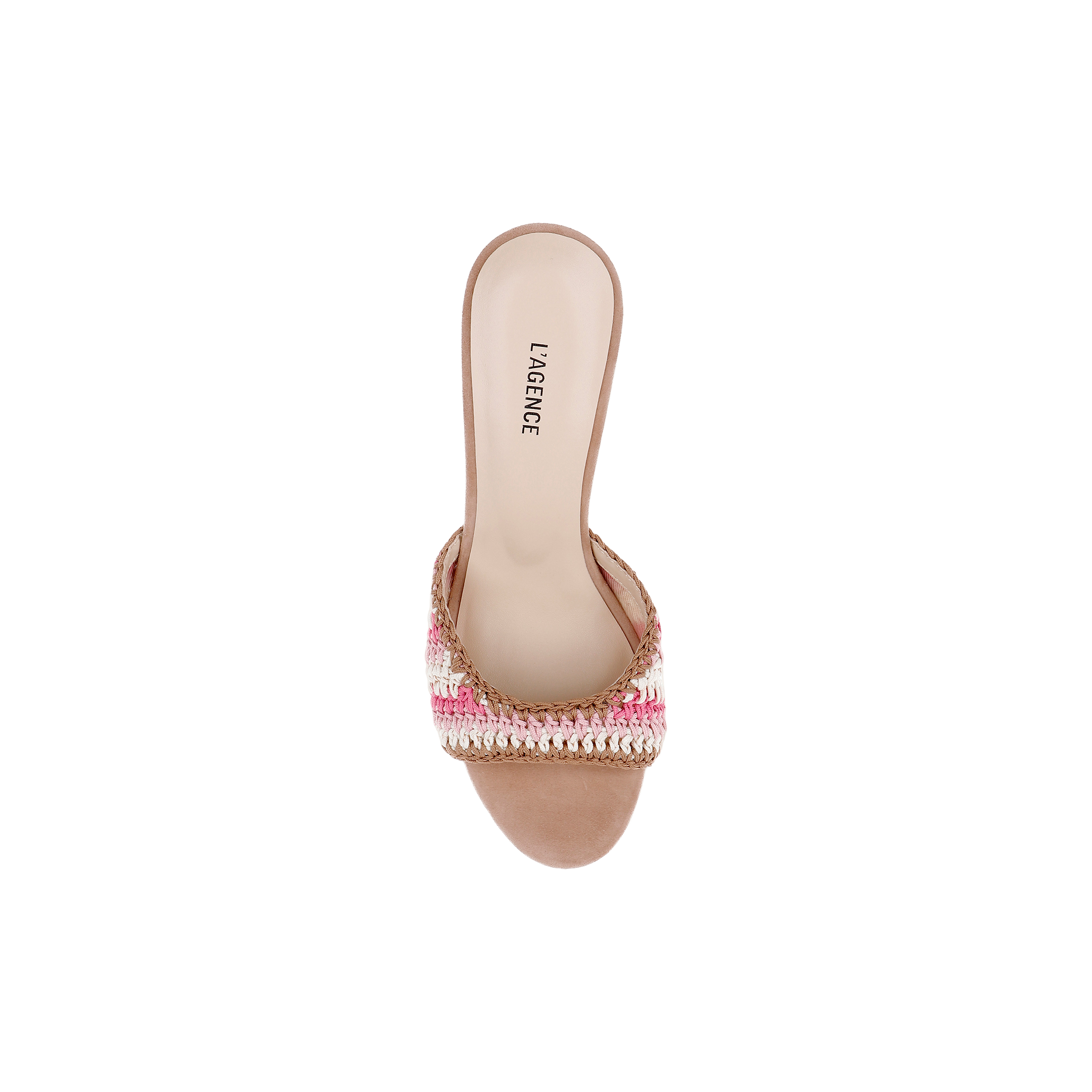 The Moyes Crochet Sandal features a tan sole, a woven pink and beige strap, and “L’AGENCE” printed on the insole, presenting a fresh summer style as viewed from above on a white background.