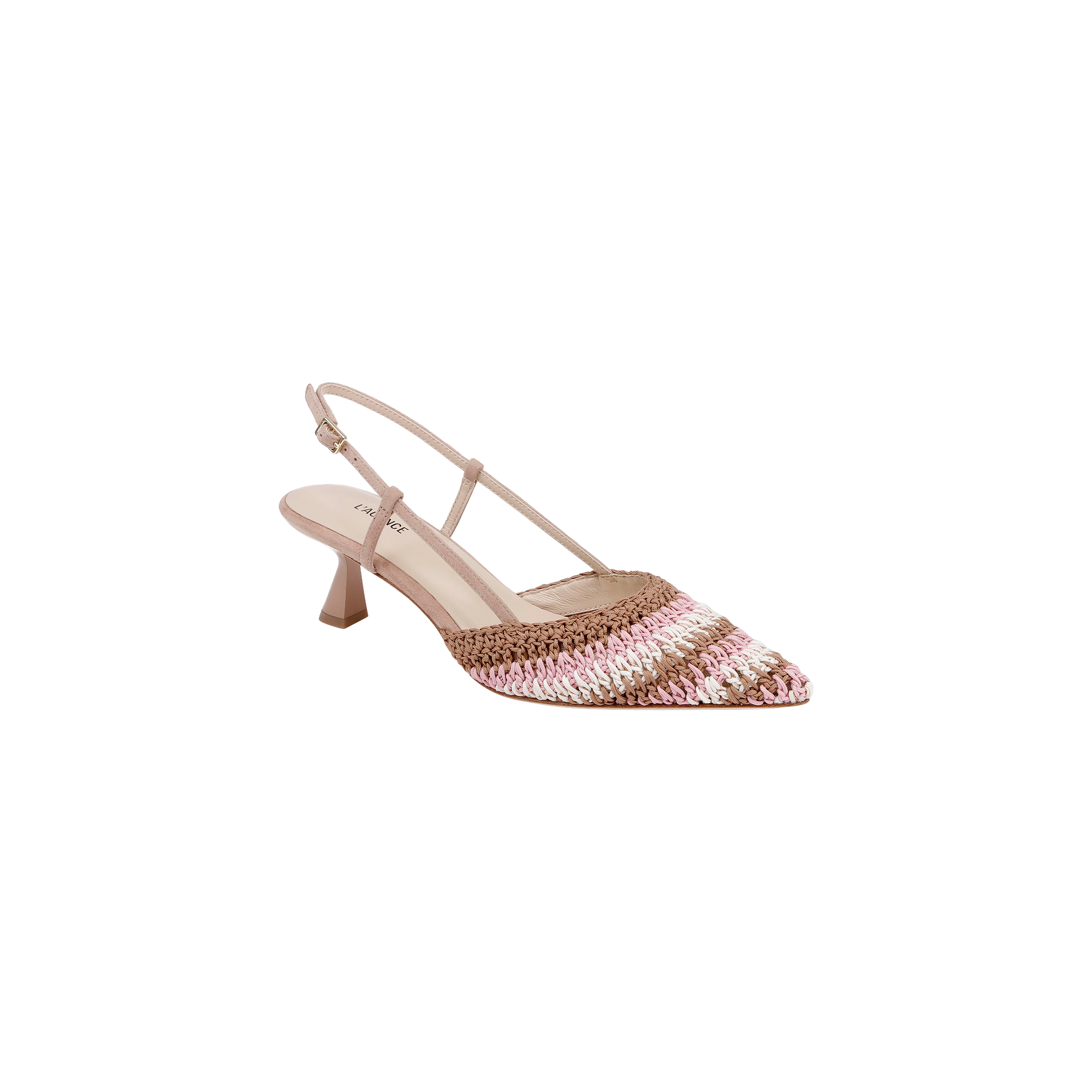 The Nantes Slingback Pump is a beige pointed-toe slingback featuring pink and gold sequin stripes on the front, a small block heel, and a comfortable memory foam insole.