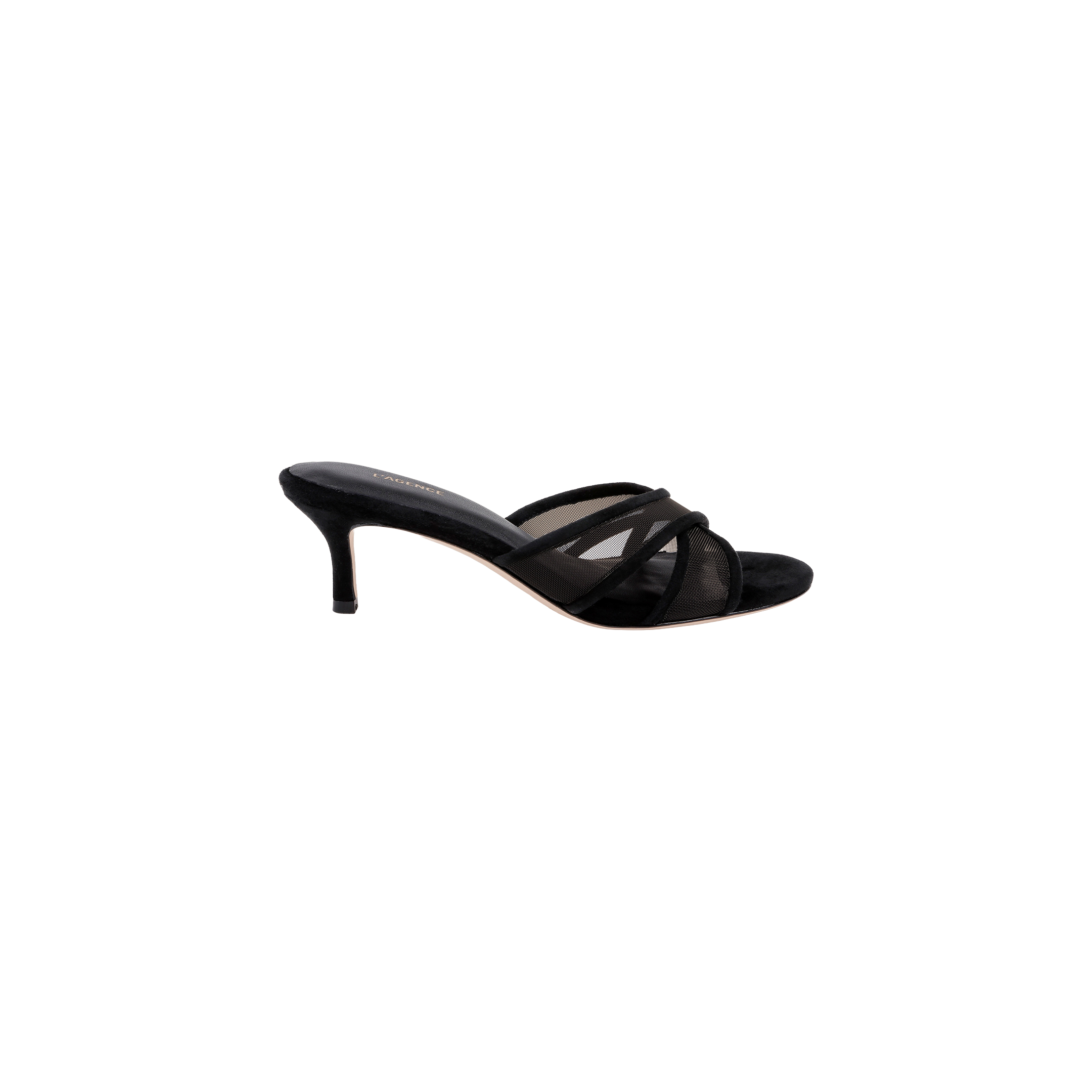 The Padua Mesh Sandal is a black suede heeled sandal featuring an open toe, slim heel, crisscross straps over the front, and a comfortable memory foam insole, displayed on a plain white background.