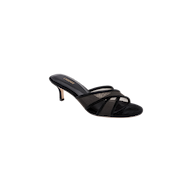 Padua Mesh Sandal in black with an open toe, crisscross mesh straps, and a slim heel. Designed for comfort with a memory foam insole, the sandal features a black footbed with gold text. Shown on a plain white background.