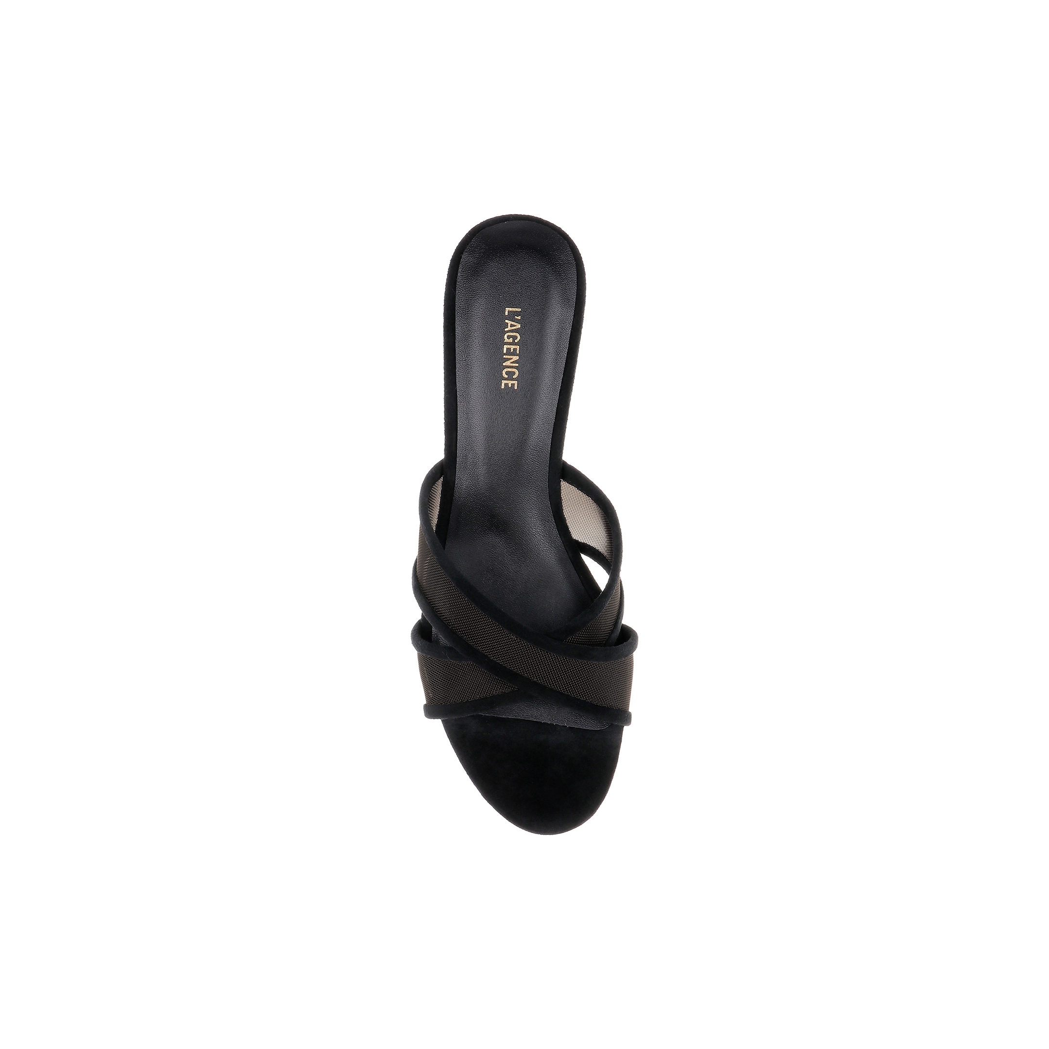 A single Padua Mesh Sandal in black suede with overlapping straps and “L’AGENCE” inscribed on the insole is displayed from a top-down view against a white background.