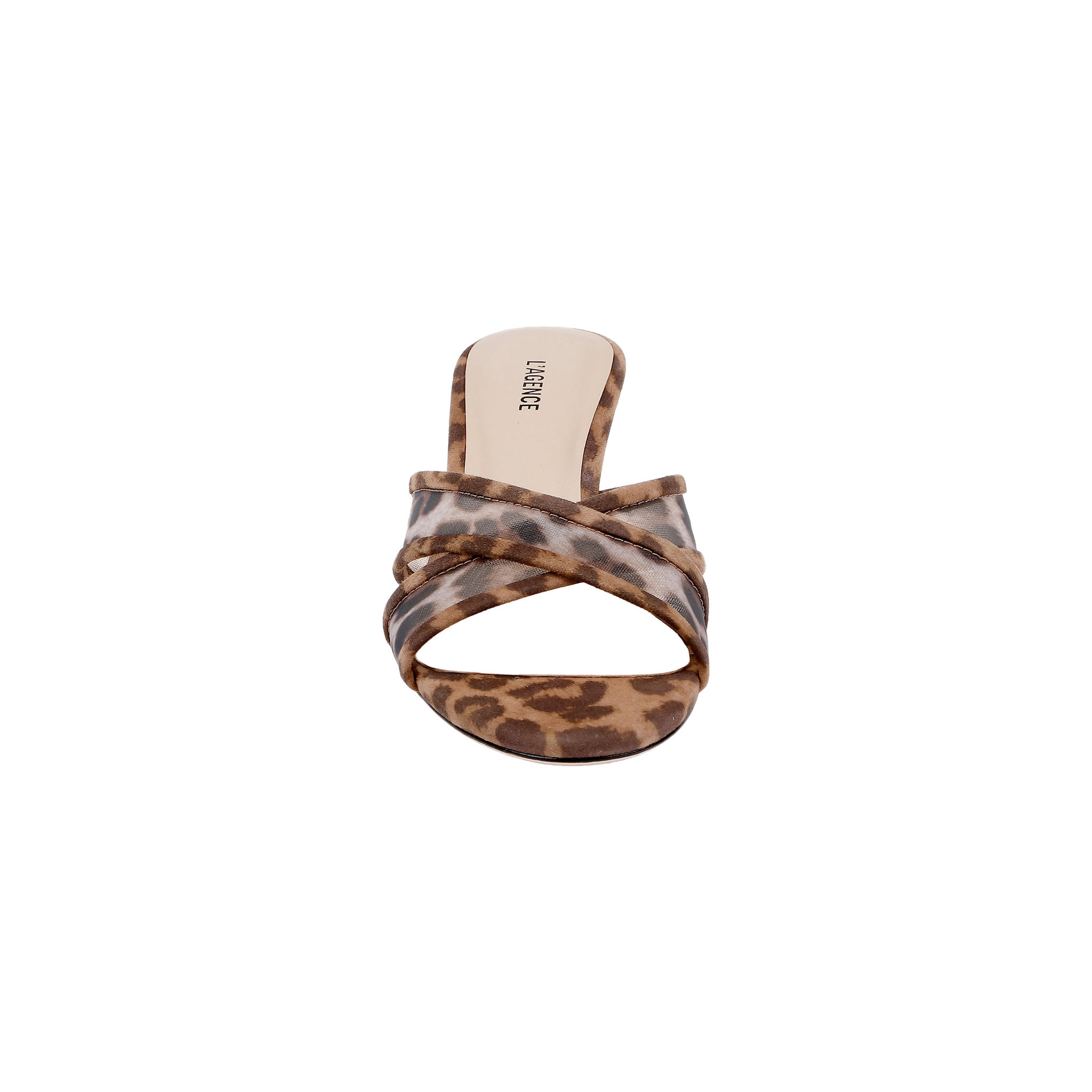 A front view of the Padua Mesh Sandal, a women’s leopard print mule with crisscross straps and a flat sole, featuring a memory foam insole, displayed on a white background.