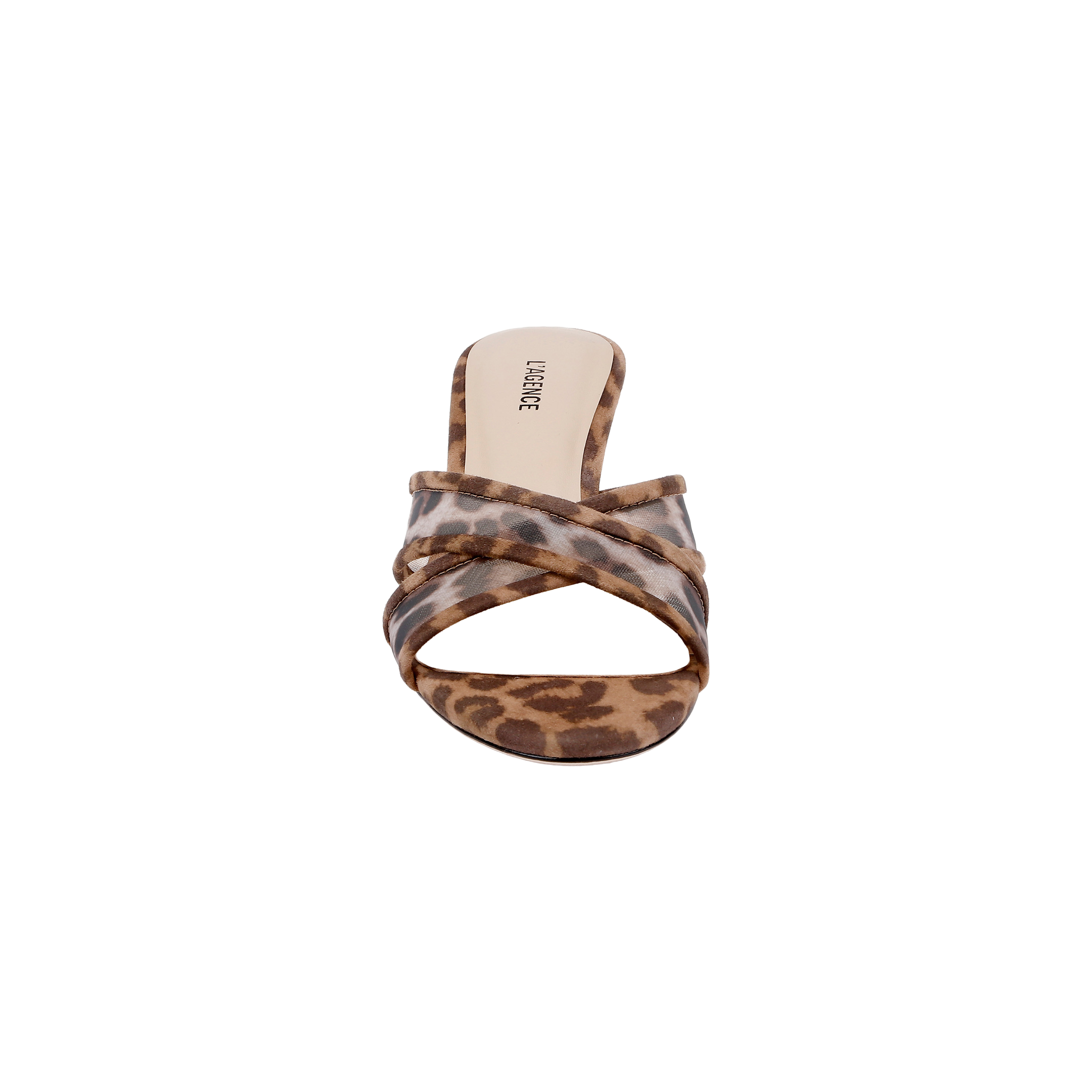 A front view of the Padua Mesh Sandal, a women’s leopard print mule with crisscross straps and a flat sole, featuring a memory foam insole, displayed on a white background.