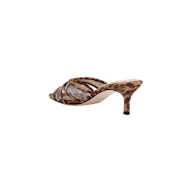 The Padua Mesh Sandal is a brown and beige leopard print mule heeled sandal featuring an open toe, crisscross straps, mesh accents, and a slim heel, displayed on a white background.