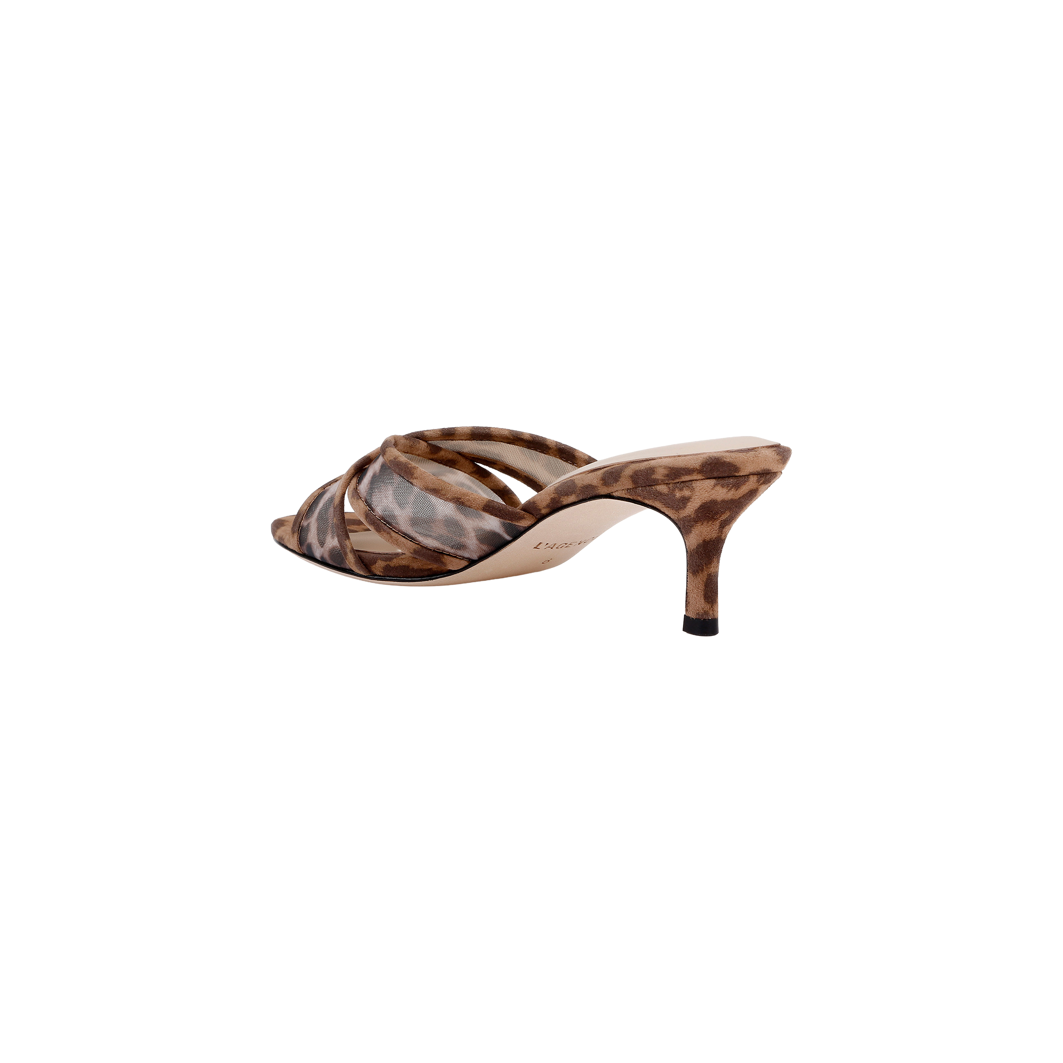 The Padua Mesh Sandal is a brown and beige leopard print mule heeled sandal featuring an open toe, crisscross straps, mesh accents, and a slim heel, displayed on a white background.