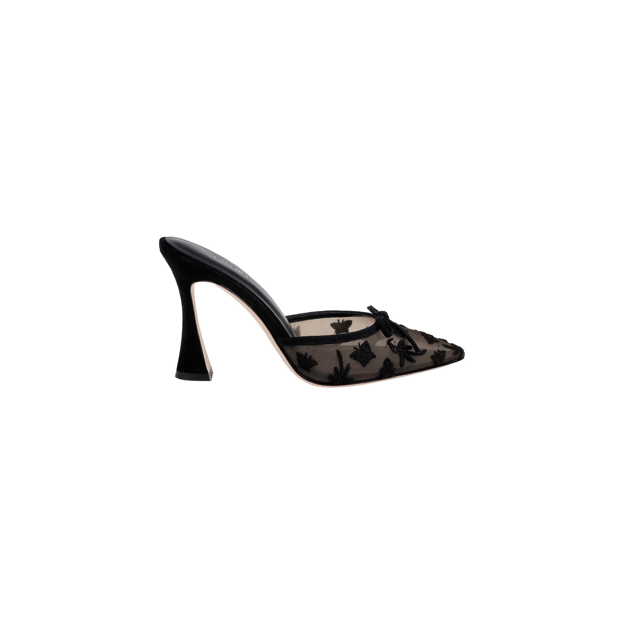 Prasad Mesh Mule featuring black mesh with a high sculpted heel, pointed toe, delicate bow detail, and butterfly embroidery. Shown in a side view on a white background.