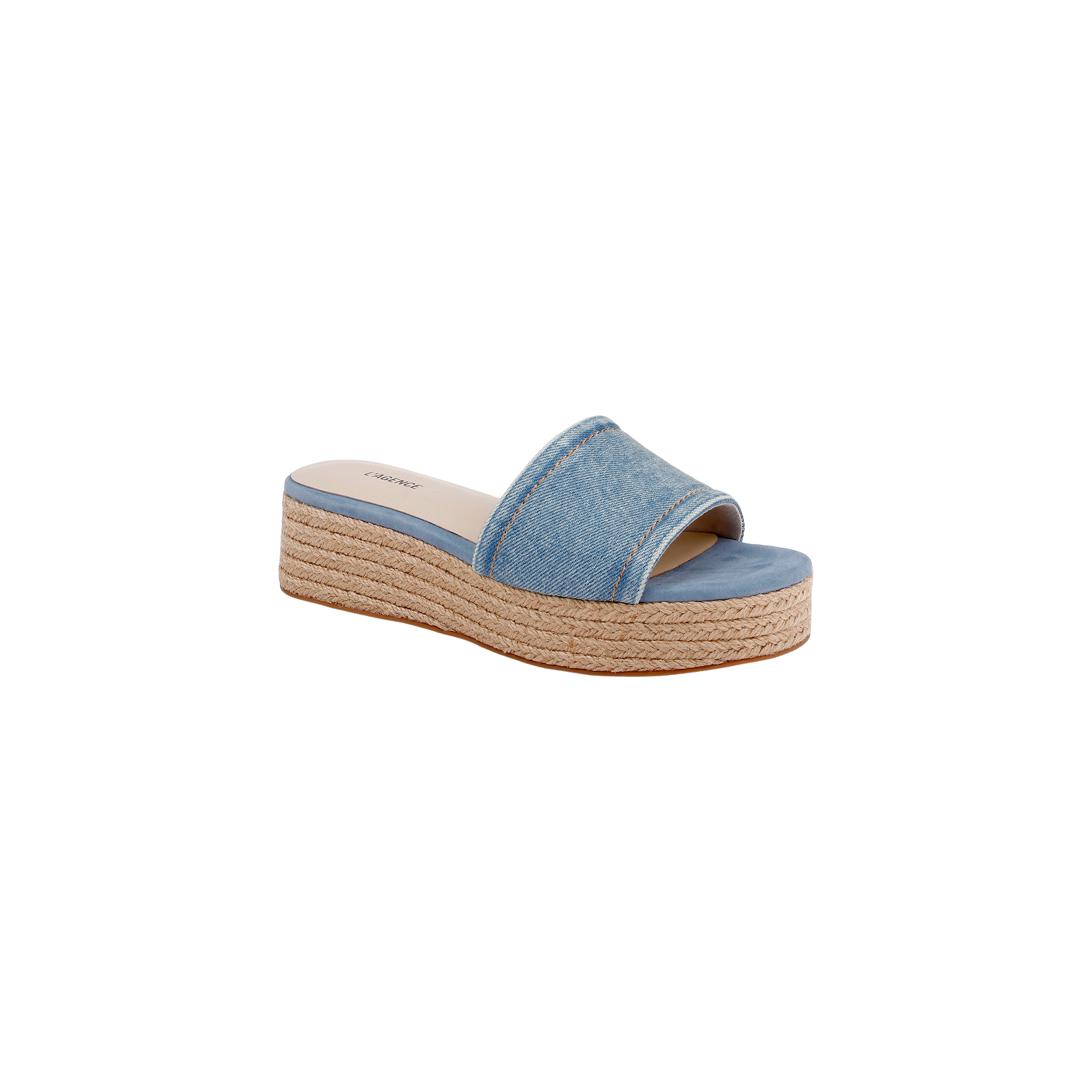 The Ramani Platform Espadrille features a light blue denim upper and a woven jute sole, showcased on a white background—ideal for elevating your warm-weather style.