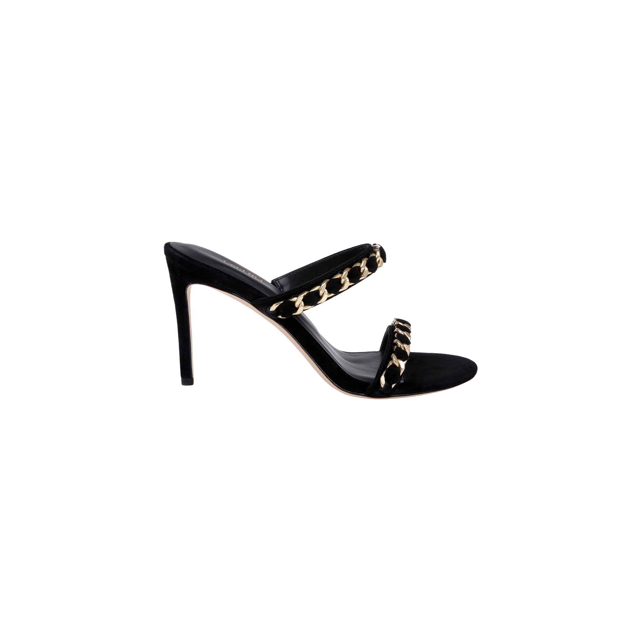 The Sarika Chain Sandal, a black suede high-heeled sandal featuring two gold chain-adorned straps, is shown in profile against a plain white background.