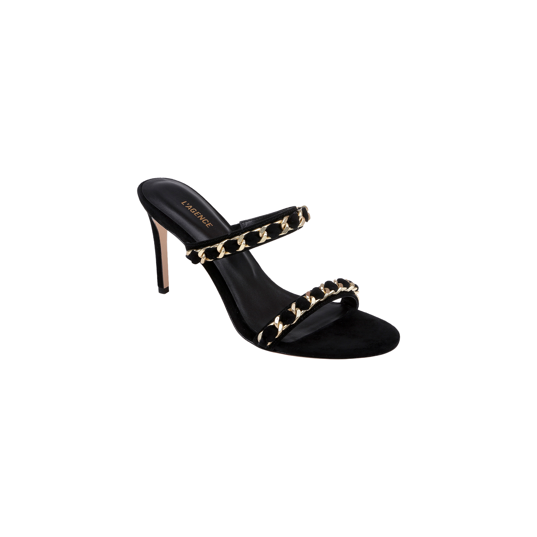 Introducing the Sarika Chain Sandal: a high-fashion sandal crafted in black suede, featuring two straps adorned with bold gold chain hardware. This elegant design is completed with an open toe and a slender stiletto heel.
