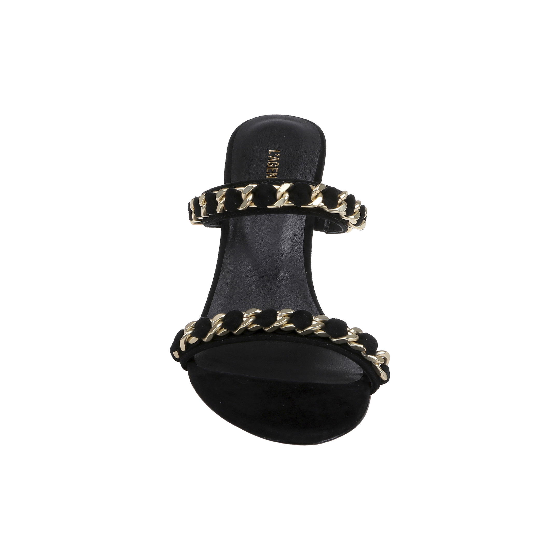 The Sarika Chain Sandal, crafted in black suede, features two straps embellished with bold gold chain hardware and is displayed from a top-down perspective against a plain white background.