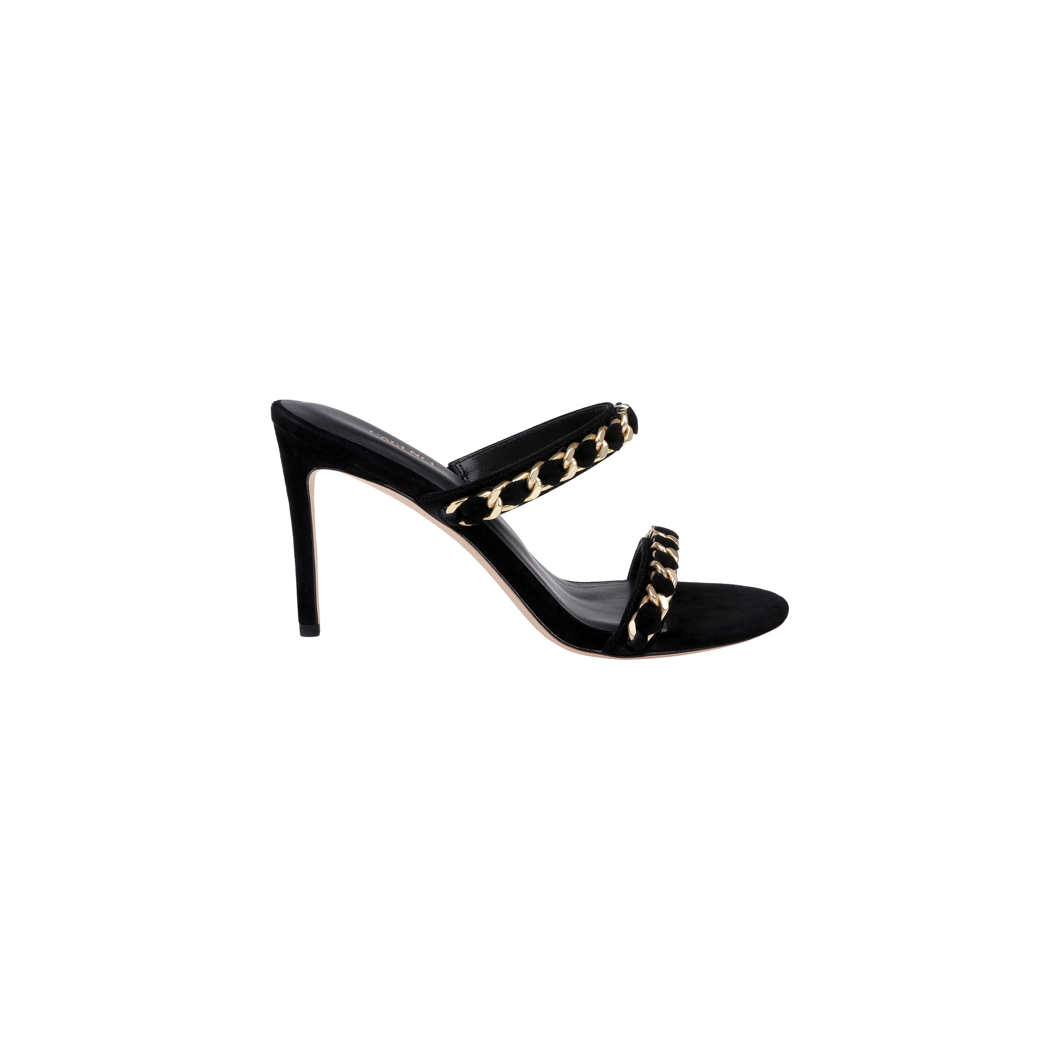 The Sarika Chain Sandal is a black suede high-heeled sandal featuring two straps embellished with gold chain hardware, shown against a plain white background.