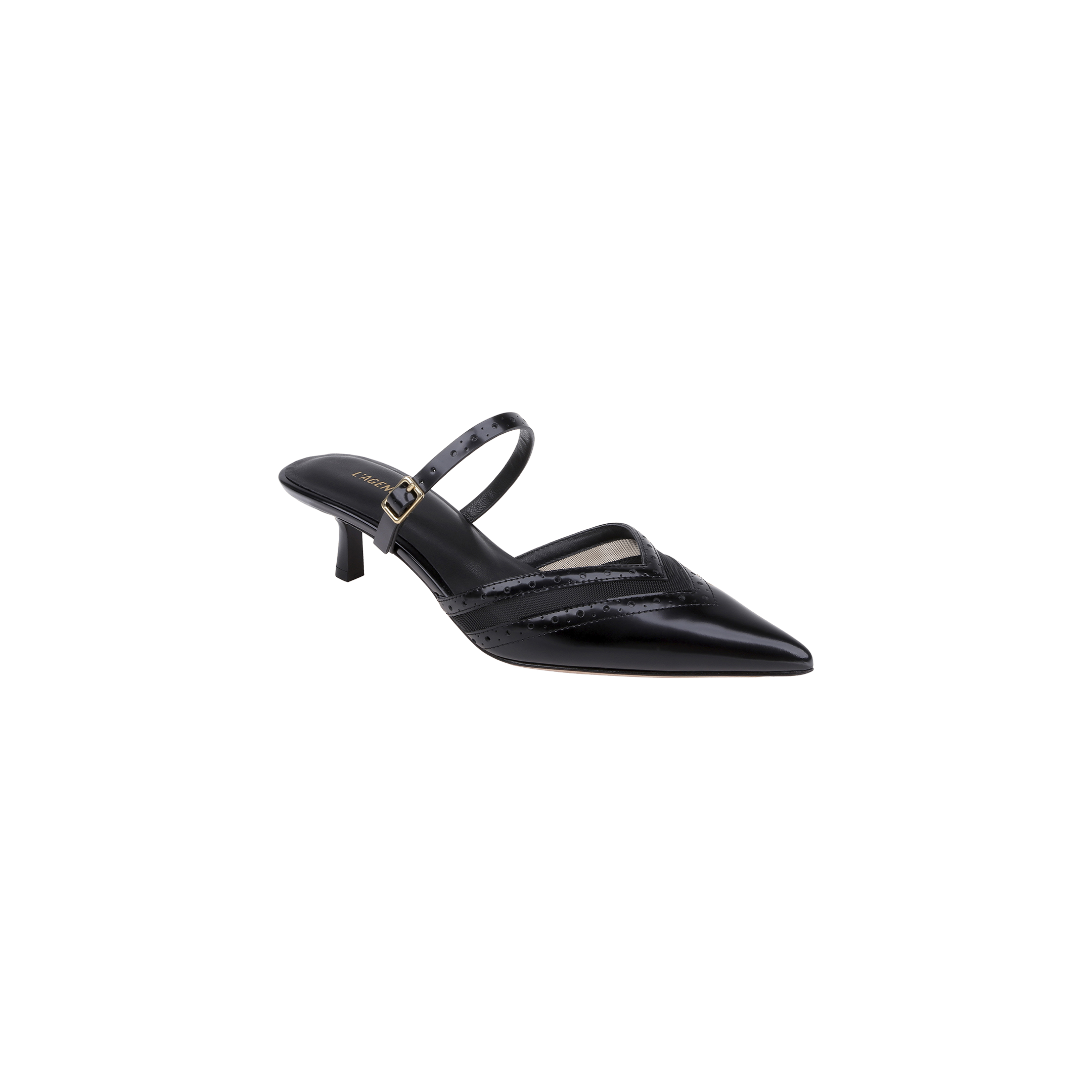 Shelbie Kitten-Heel Mule in glossy black leather features a v-cut vamp, pointed toe, low kitten heel, and a single thin buckle strap, shown against a plain white background.