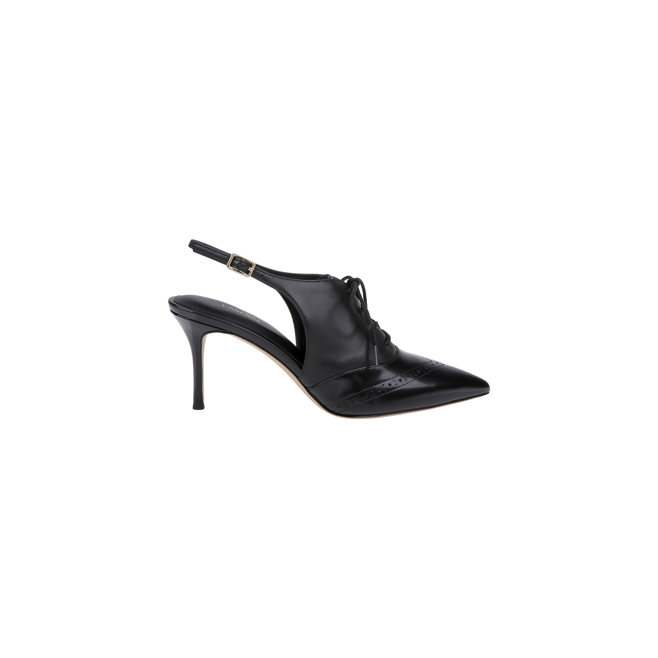 The Shreya Leather Slingback Pump, a black leather stiletto featuring a pointed toe, lace-up front, cut-out sides, and a slingback strap with a small buckle, is displayed on a white background. This oxford-inspired design exudes both elegance and sophistication.