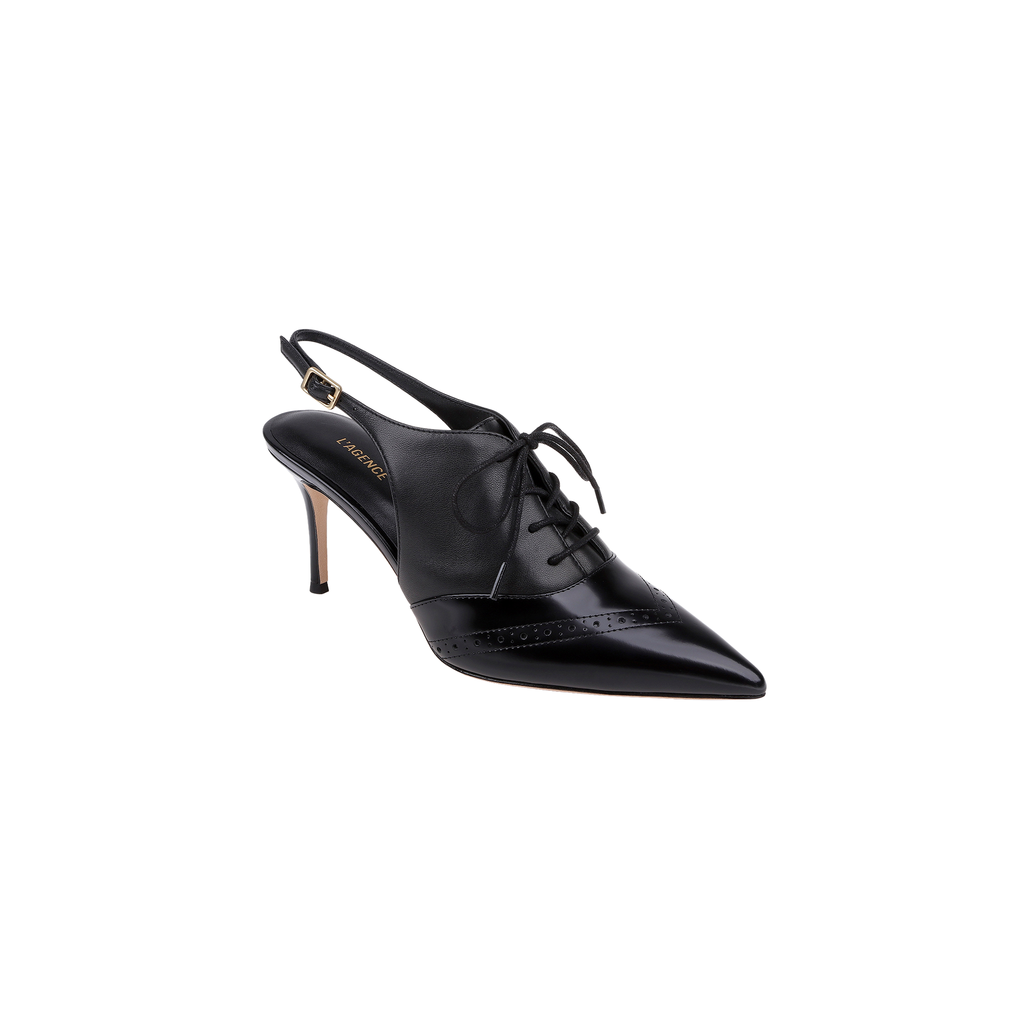 Introducing the Shreya Leather Slingback Pump: a black pointed-toe high heel with a lace-up front and cutout heel, crafted from glossy black leather on the toe. This elegant slingback stiletto features a small buckle on the ankle strap, flawlessly blending classic oxford styling with modern detailing.