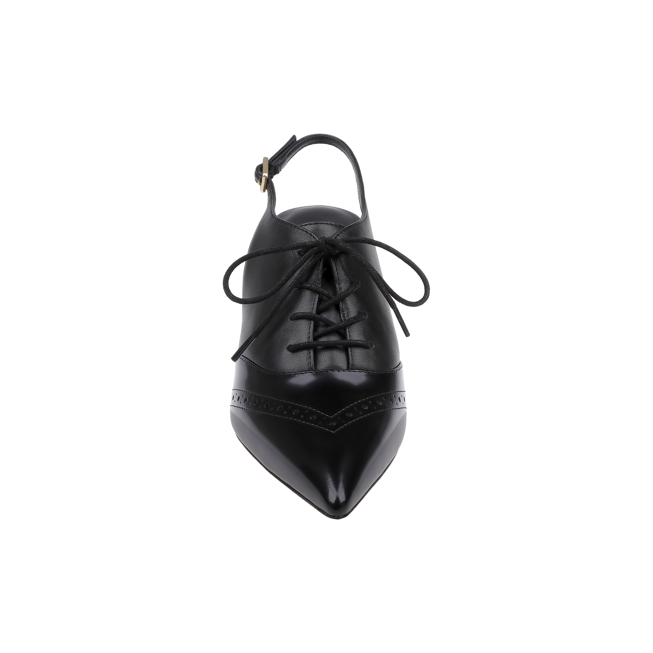 Shreya Leather Slingback Pump in black leather, featuring a pointed toe, lace-up front, decorative perforated strip, and an ankle strap with buckle closure—shown from above against a white background.