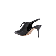 The Shreya Leather Slingback Pump is a black leather oxford stiletto featuring a pointed toe, lace-up front, and slingback strap, displayed against a plain white background.