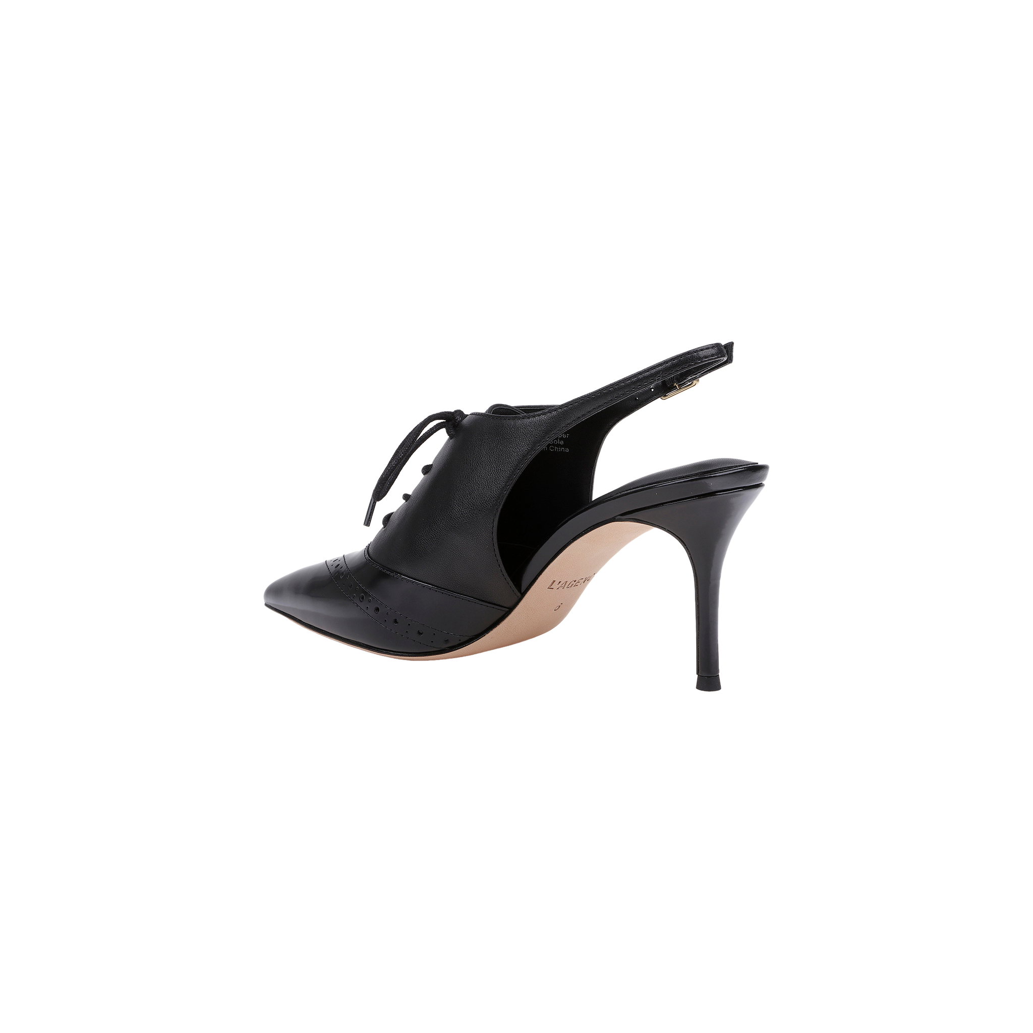 The Shreya Leather Slingback Pump is a black leather oxford stiletto featuring a pointed toe, lace-up front, and slingback strap, displayed against a plain white background.