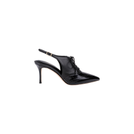 Shreya Leather Slingback Pump: A black high-heeled oxford stiletto with a pointed toe, lace-up front, and embossed leather details. This pump features a thin stiletto heel, an ankle strap with a small side buckle, and is set against a plain white background.