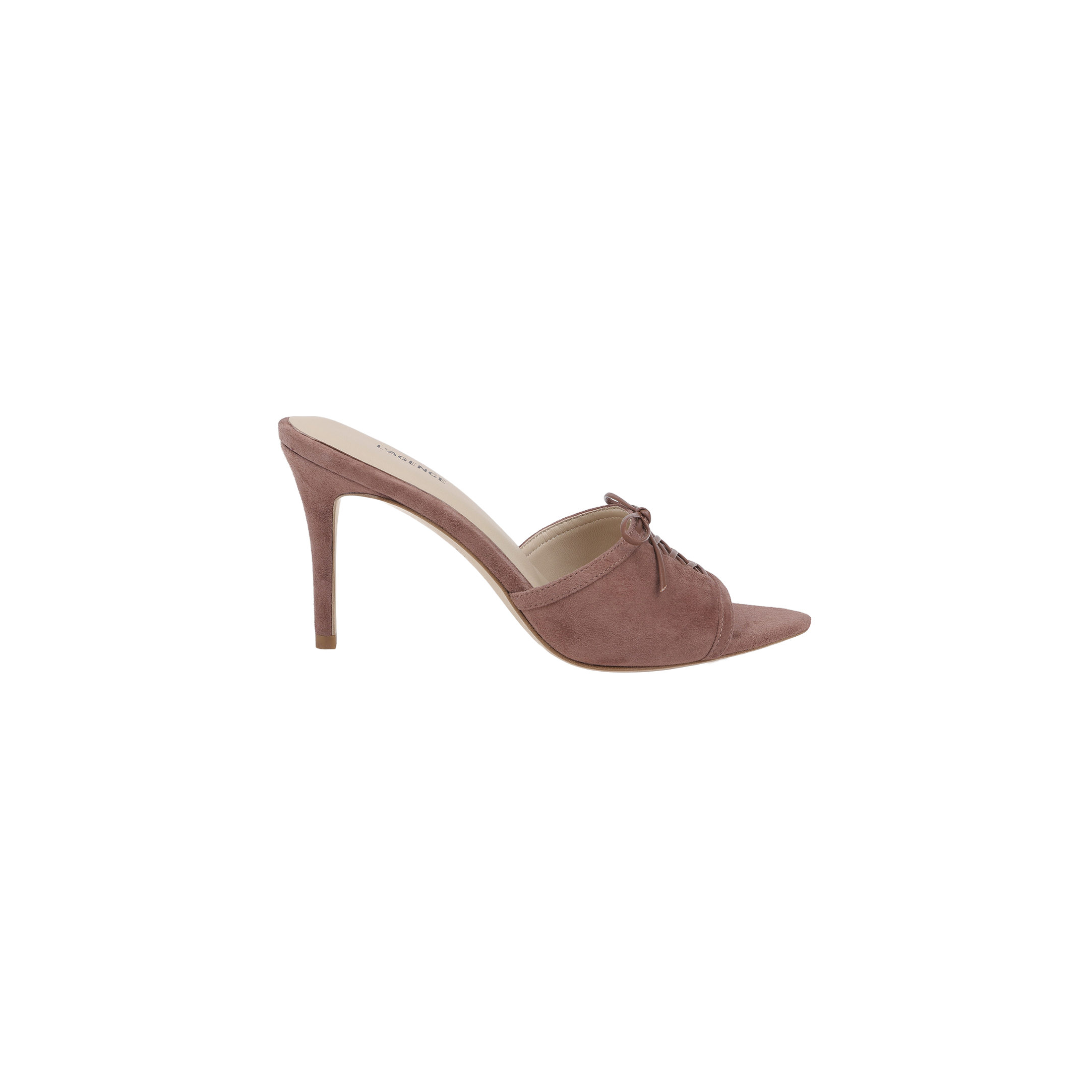 The Thames Suede Sandal is a mauve pink high-heeled mule crafted from suede, featuring a pointed toe, stiletto heel, and a small decorative bow on top, displayed against a plain white background.