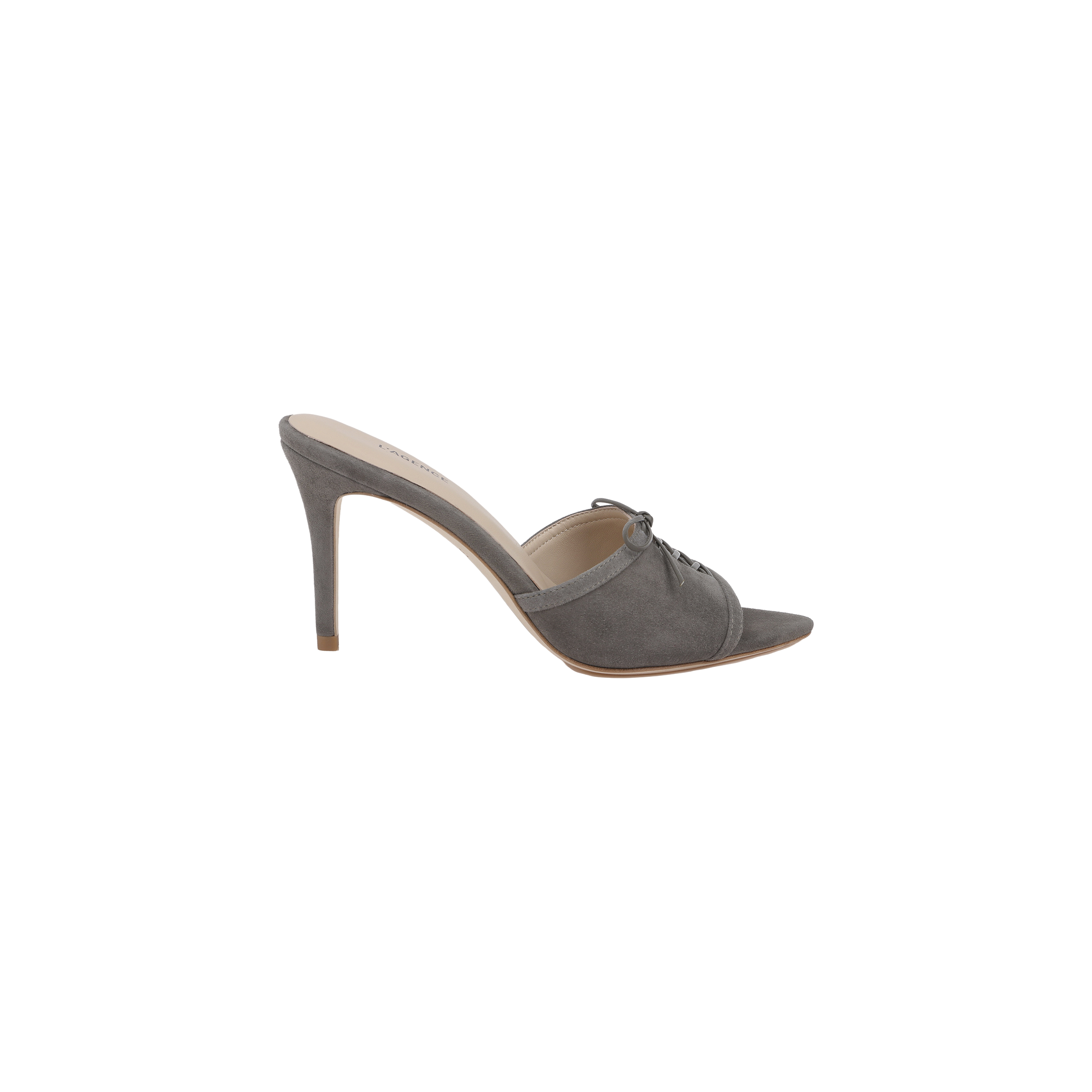 The Thames Suede Sandal is a gray suede lace-up mule featuring a pointed toe, open back, stiletto heel, and tan insole, displayed against a white background.