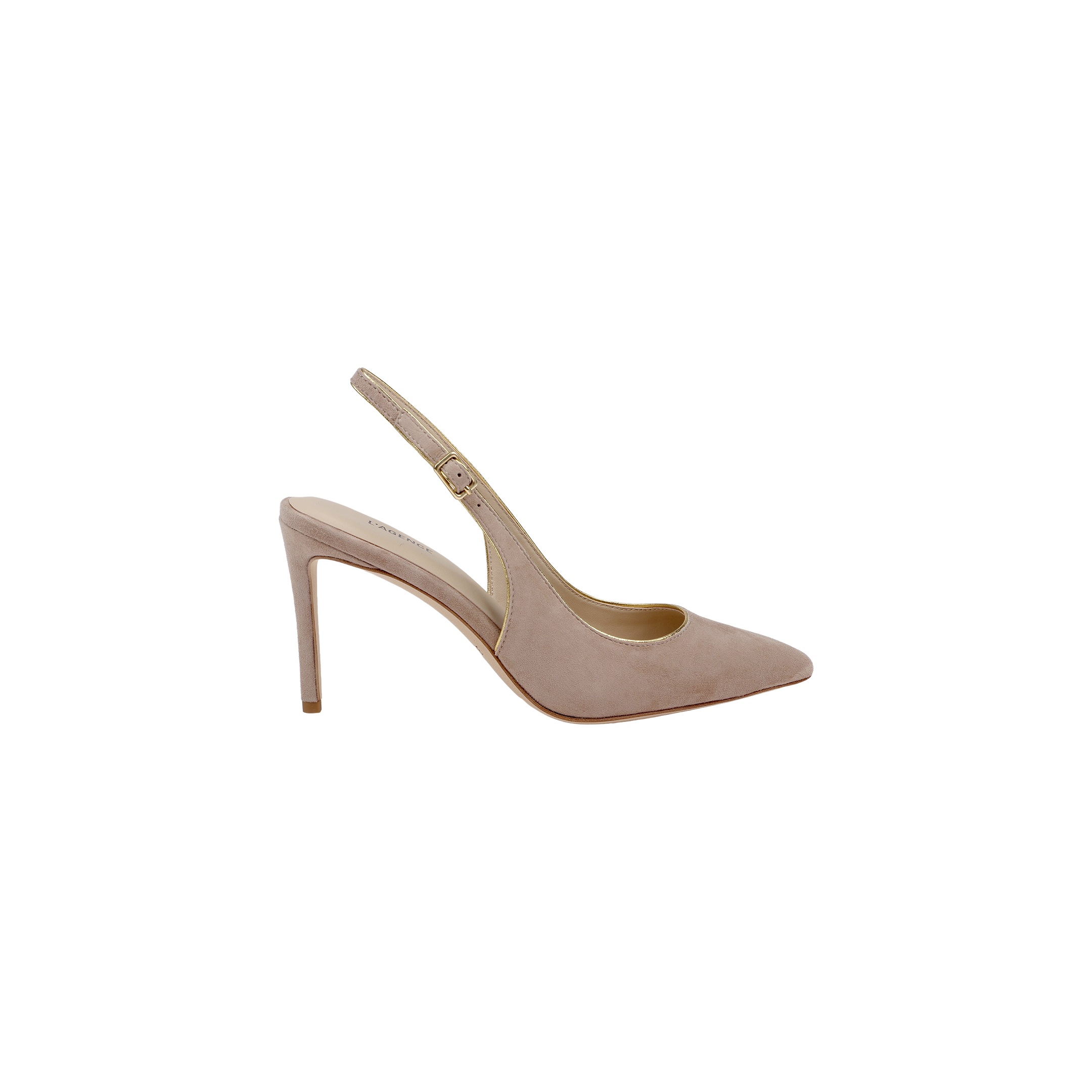 Vichy Slingback Pump in tan suede, featuring a pointed toe, stiletto heel, adjustable ankle strap, and memory foam insole, shown in side view against a plain white background.