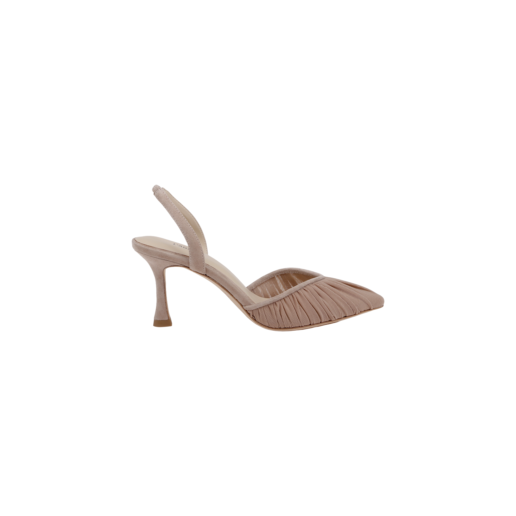 Introducing the Bowery Mesh Slingback Pump—a neutral tan pump with a pointed toe and ruched mesh detailing along the sides, featuring a refined heel and displayed against a plain white background.