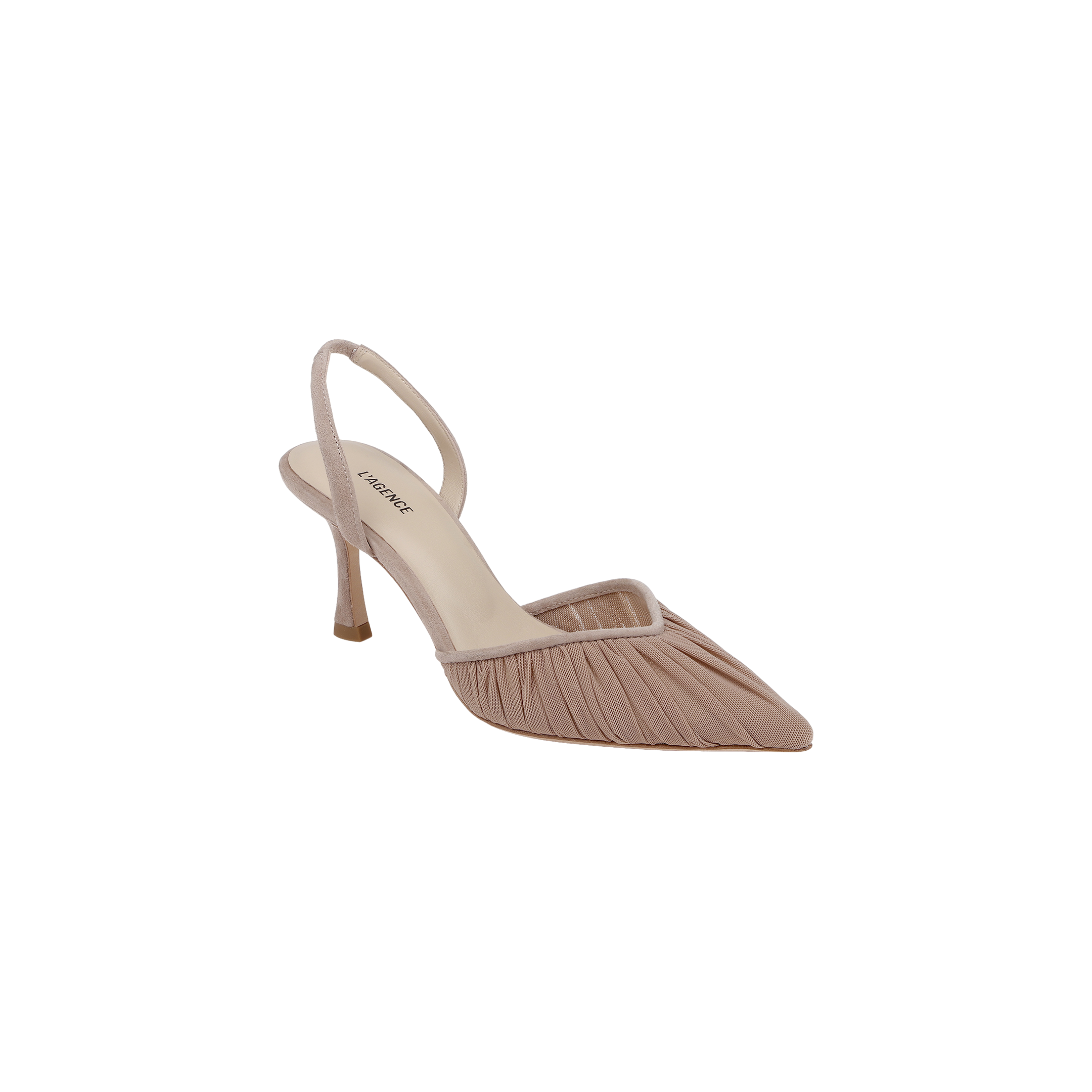 The Bowery Mesh Slingback Pump is shown as a single blush pink high-heeled shoe with a refined heel, pointed toe, and pleated detailing on the front, displayed against a white background.