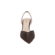 Top view of the Bowery Mesh Slingback Pump, a brown pointed-toe women’s slingback heel with pleated detailing on the front and a beige insole displaying the brand name LIMEROSE. This elegant style features refined chocolate brown heels for a sophisticated finish.
