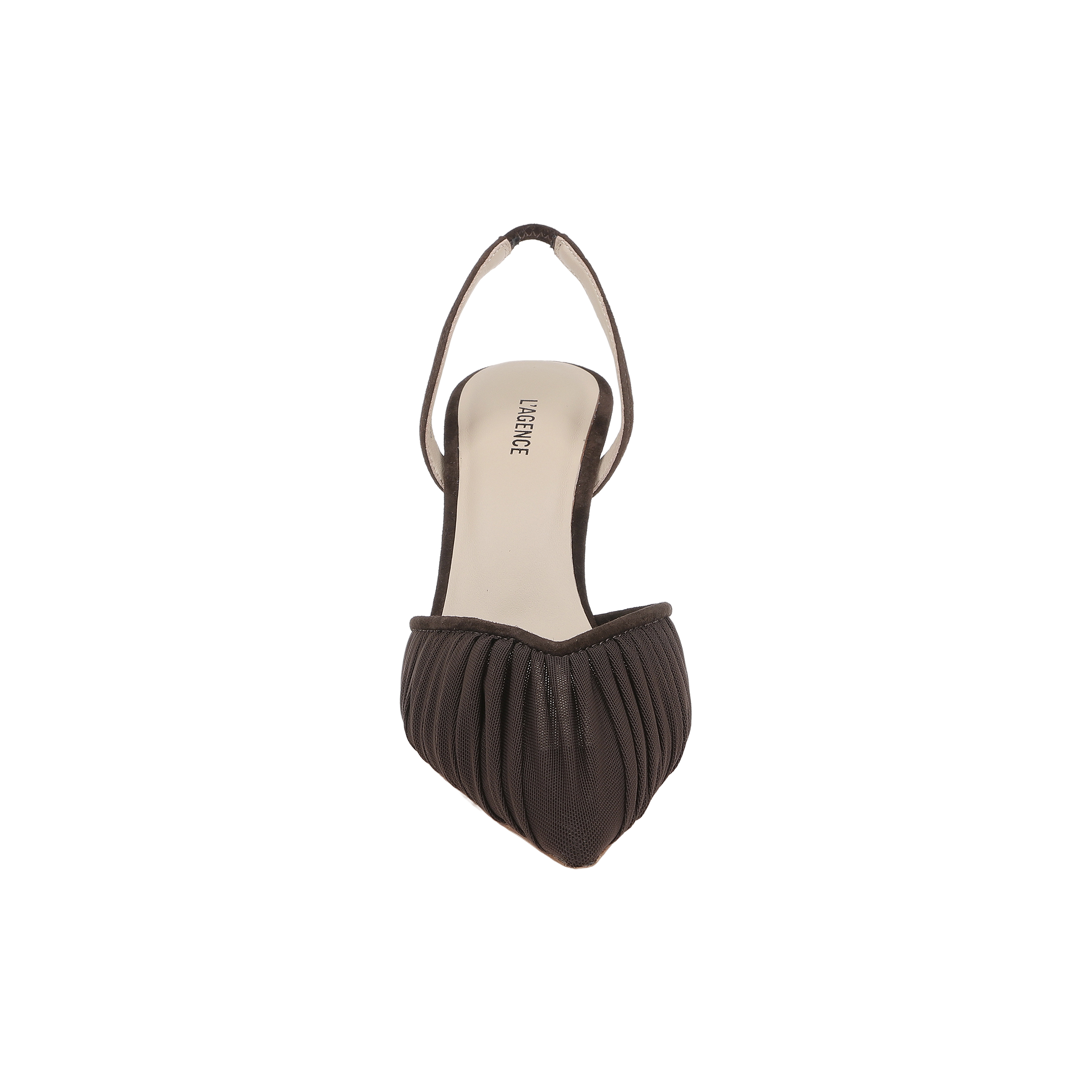 Top view of the Bowery Mesh Slingback Pump, a brown pointed-toe women’s slingback heel with pleated detailing on the front and a beige insole displaying the brand name LIMEROSE. This elegant style features refined chocolate brown heels for a sophisticated finish.