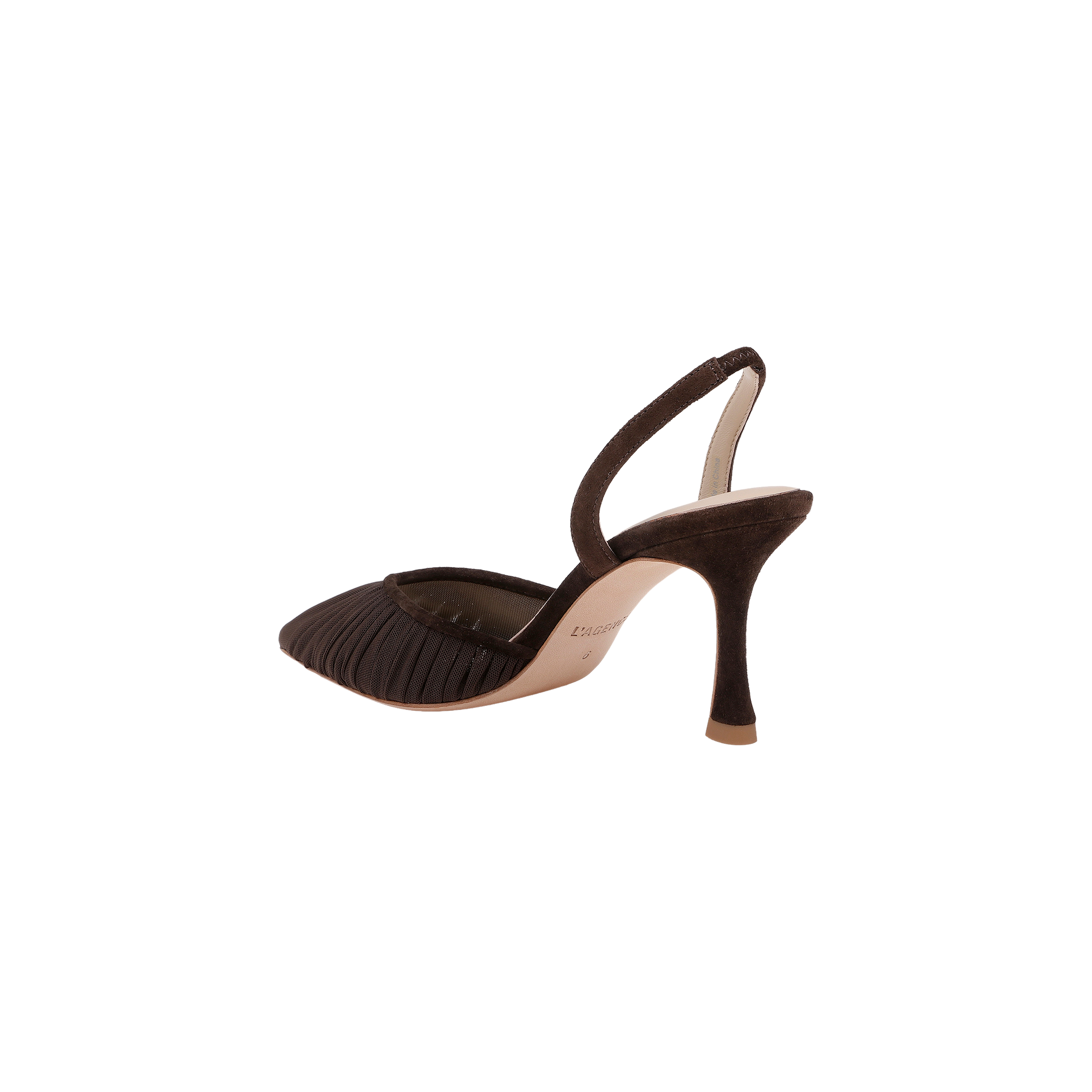 Introducing the Bowery Mesh Slingback Pump: a single black pump with a pointed toe, textured mesh detailing on the upper, and an open back. This elegant shoe features a refined, tall slender heel for a sophisticated silhouette.