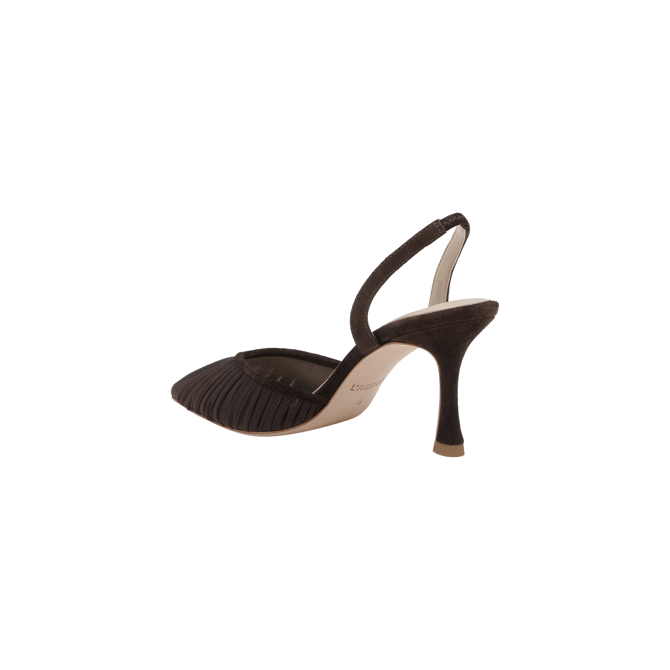 Introducing the Bowery Mesh Slingback Pump: a single black pump with a pointed toe, textured mesh detailing on the upper, and an open back. This elegant shoe features a refined, tall slender heel for a sophisticated silhouette.