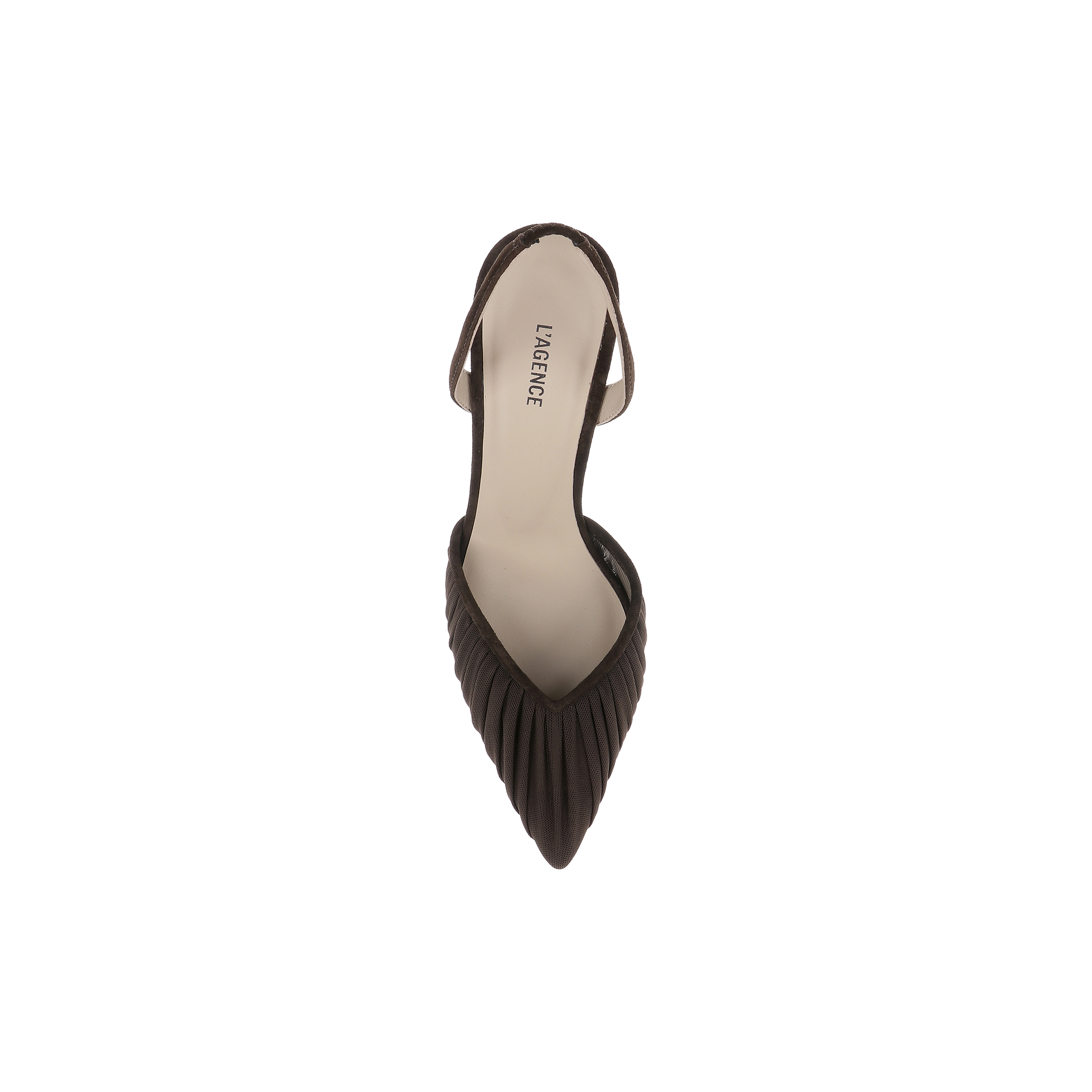 Top view of a single Bowery Mesh Slingback Pump in chocolate brown, featuring a pointed toe, pleated detailing, beige insole, and open back, displayed on a plain white background.