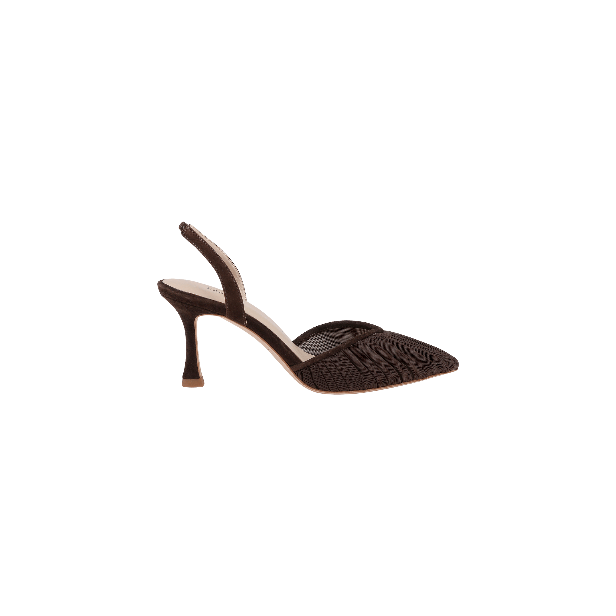 The Bowery Mesh Slingback Pump, featuring a chocolate brown hue with a pointed toe and pleated detailing, is displayed against a plain white background.
