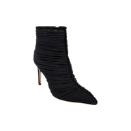The Fulton Mesh Bootie is a black, ruched stiletto bootie featuring a pointed toe and high heel, displayed on a plain white background.