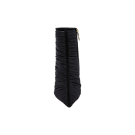 A top view of the Fulton Mesh Bootie—a black, ruched, pointed-toe stiletto with a gold side zipper—displayed against a plain white background.