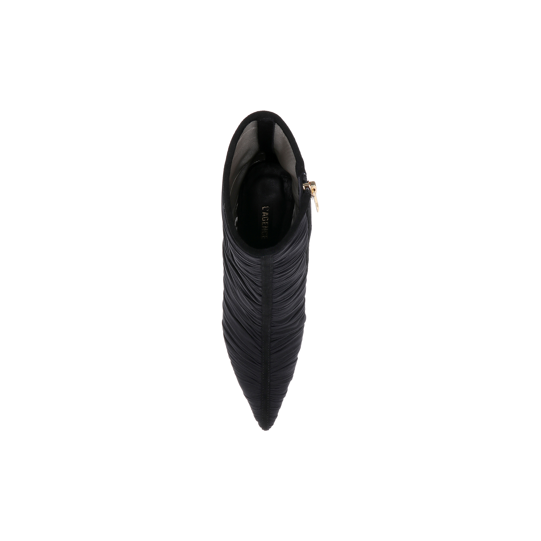 Top view of the Fulton Mesh Bootie in black, featuring a pointed toe, textured ruched mesh design, and a gold side zipper, displayed on a plain white background.