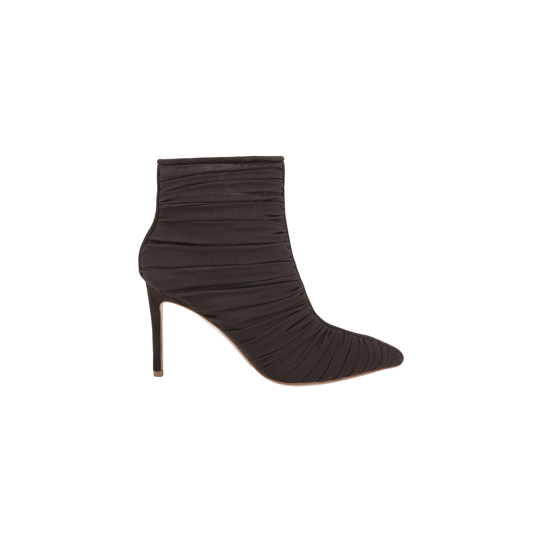 The Fulton Mesh Bootie is a single black stiletto bootie featuring a pointed toe and ruched mesh fabric texture, displayed from the side against a plain white background.