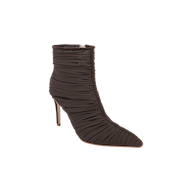 The Fulton Mesh Bootie is a high-heeled stiletto bootie with a pointed toe, crafted from ruched black mesh fabric and set on a slender stiletto heel, showcased against a plain white background.