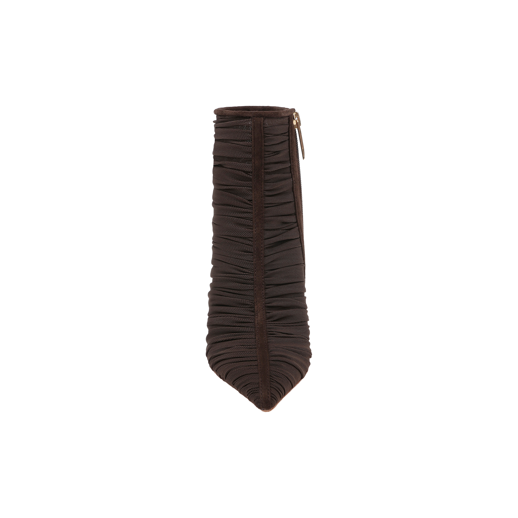 A top view of the Fulton Mesh Bootie reveals its chocolate brown, ruched mesh design, pointed toe, stiletto heel, and visible side zipper.
