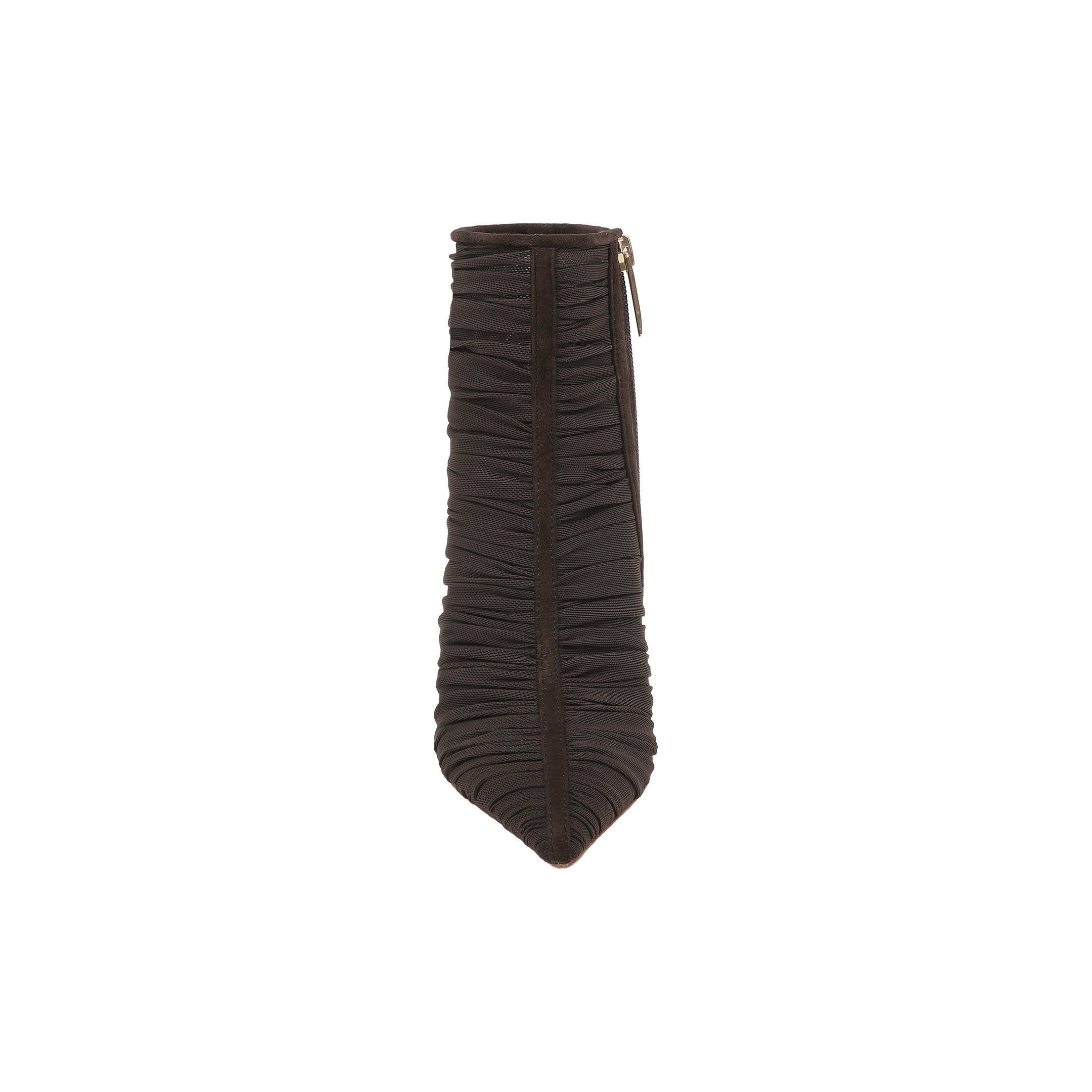 A top view of the Fulton Mesh Bootie reveals its chocolate brown, ruched mesh design, pointed toe, stiletto heel, and visible side zipper.