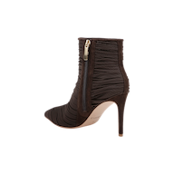 The Fulton Mesh Bootie, shown against a white background, is a chocolate brown stiletto bootie featuring ruched detailing, a high heel, and a side zipper.