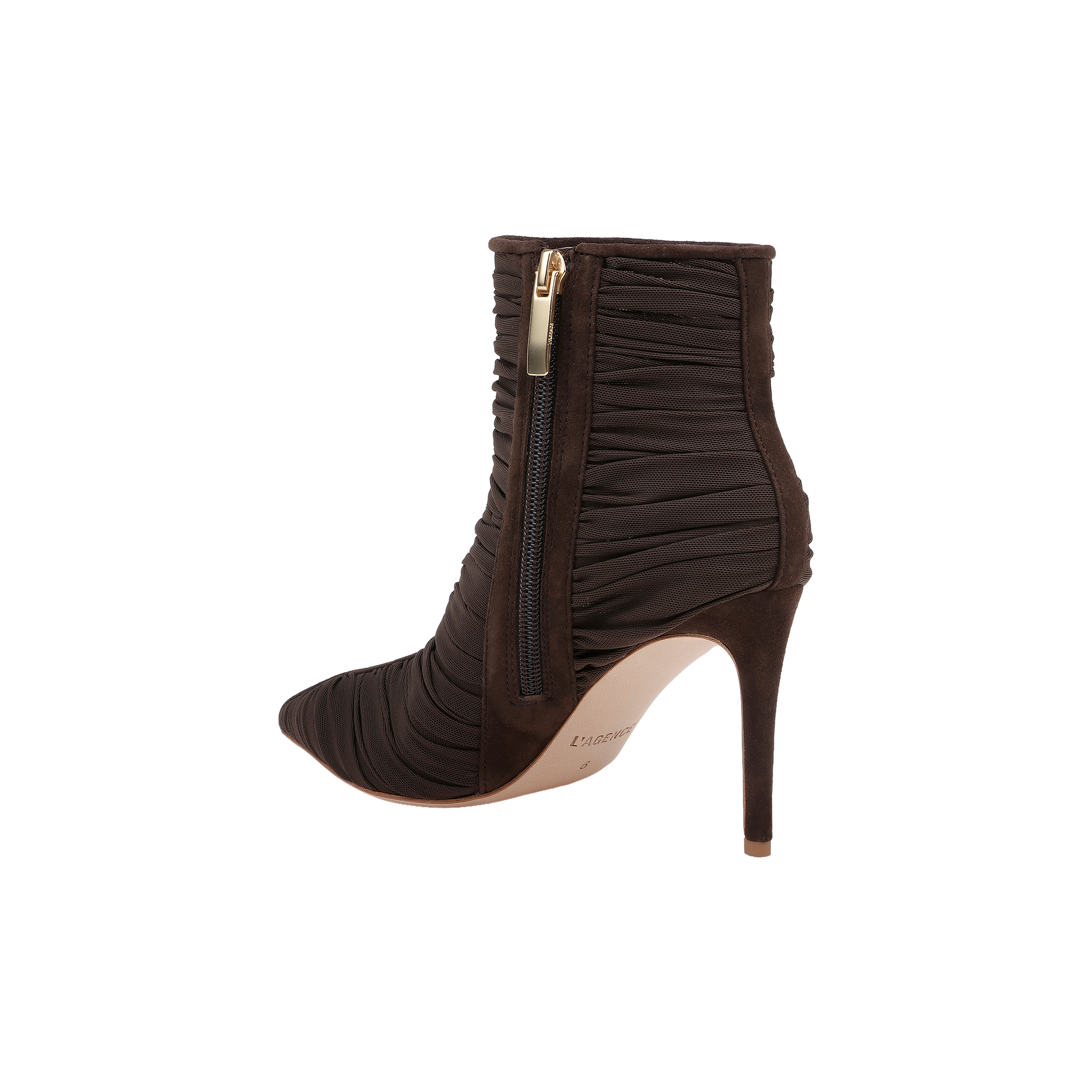 The Fulton Mesh Bootie, shown against a white background, is a chocolate brown stiletto bootie featuring ruched detailing, a high heel, and a side zipper.
