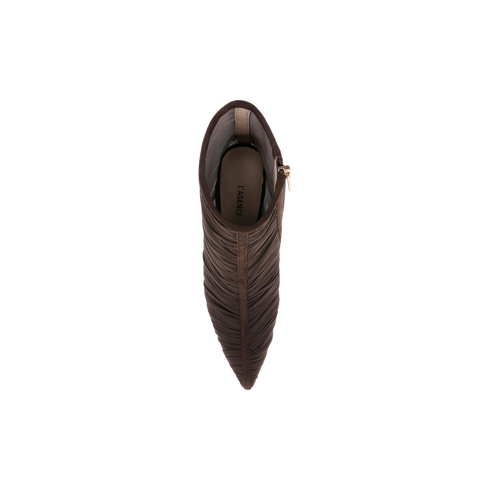Top view of the Fulton Mesh Bootie in chocolate brown, a pointed-toe stiletto featuring a textured, layered design and a visible side zipper. The insole is printed with the brand name LAGENCE.