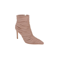 The Fulton Mesh Bootie features a high stiletto heel and pointed toe, crafted from soft, gathered taupe mesh. Displayed solo on a white background, this bootie highlights its elegant ruched texture and sophisticated design.