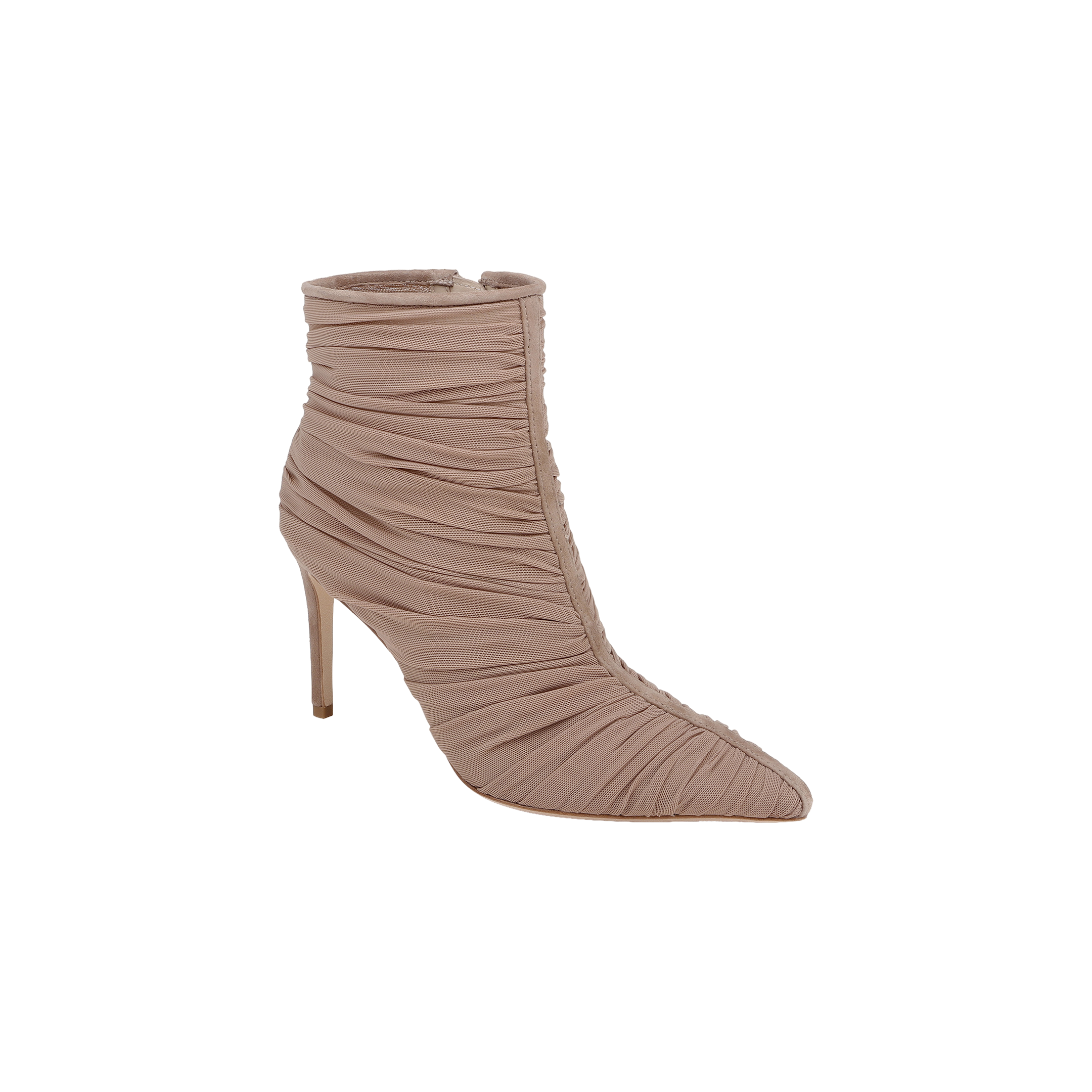 The Fulton Mesh Bootie features a high stiletto heel and pointed toe, crafted from soft, gathered taupe mesh. Displayed solo on a white background, this bootie highlights its elegant ruched texture and sophisticated design.