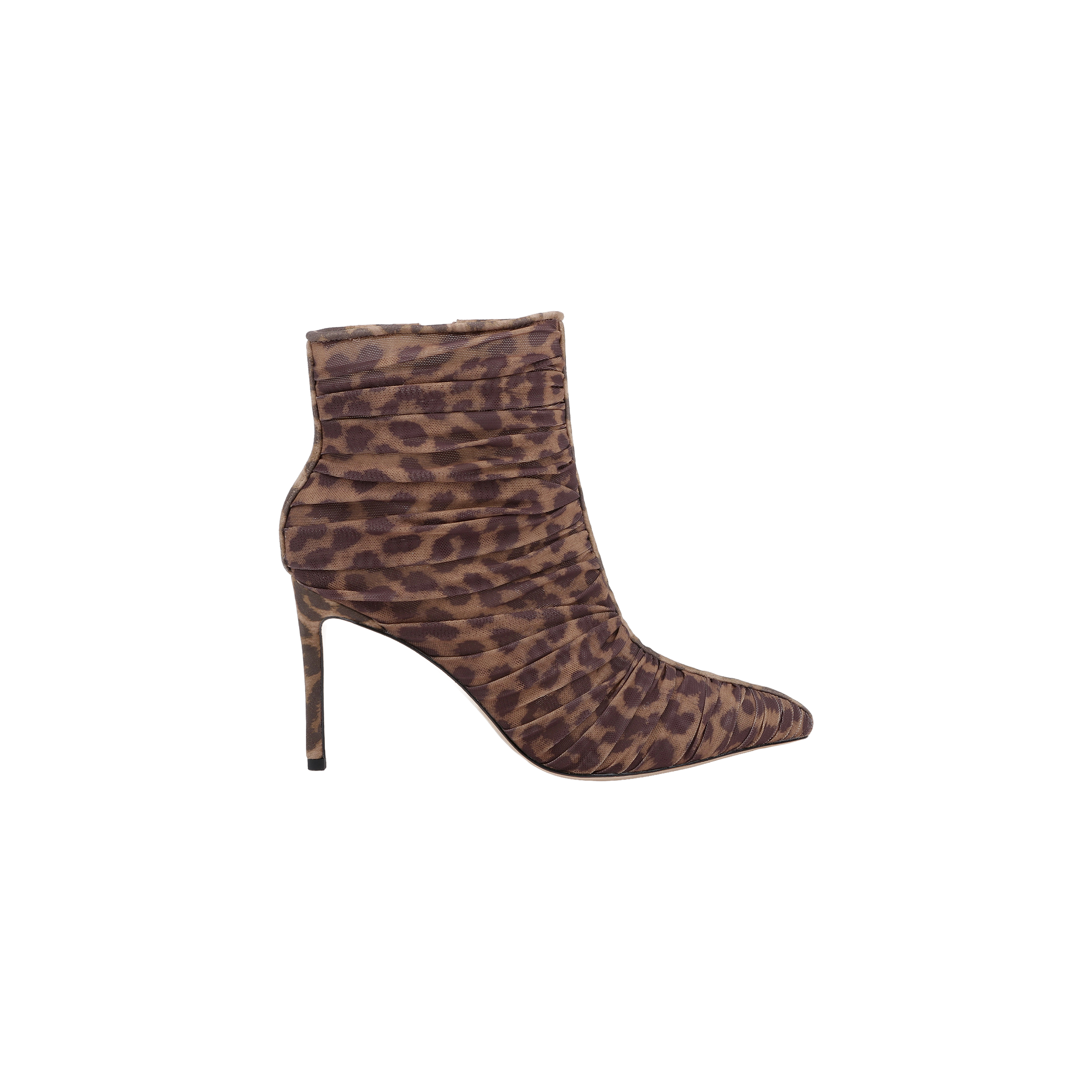 Fulton Mesh Bootie featuring a leopard print, pointed toe, and high heel, displayed in profile against a white background.