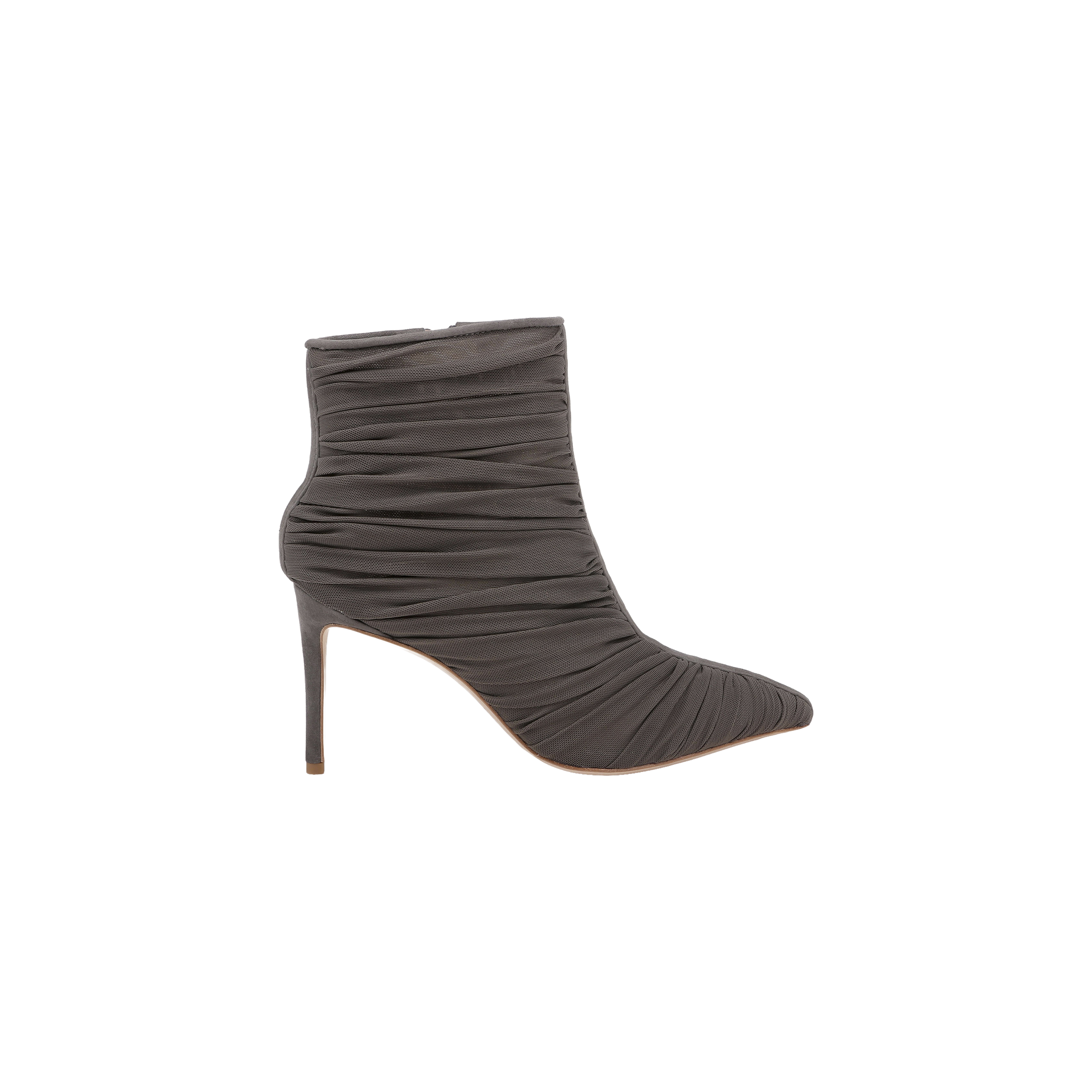 The Fulton Mesh Bootie is a high-heeled black stiletto bootie featuring ruched detailing, a pointed toe, slim stiletto heel, and a side zipper, displayed in profile against a plain white background.